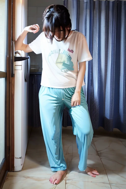 Japanese Girl thin body wearing a white short-sleeved t-shirt sees the ghost and pees her light blue lose pajama pants until his pants are wet pants in fright.