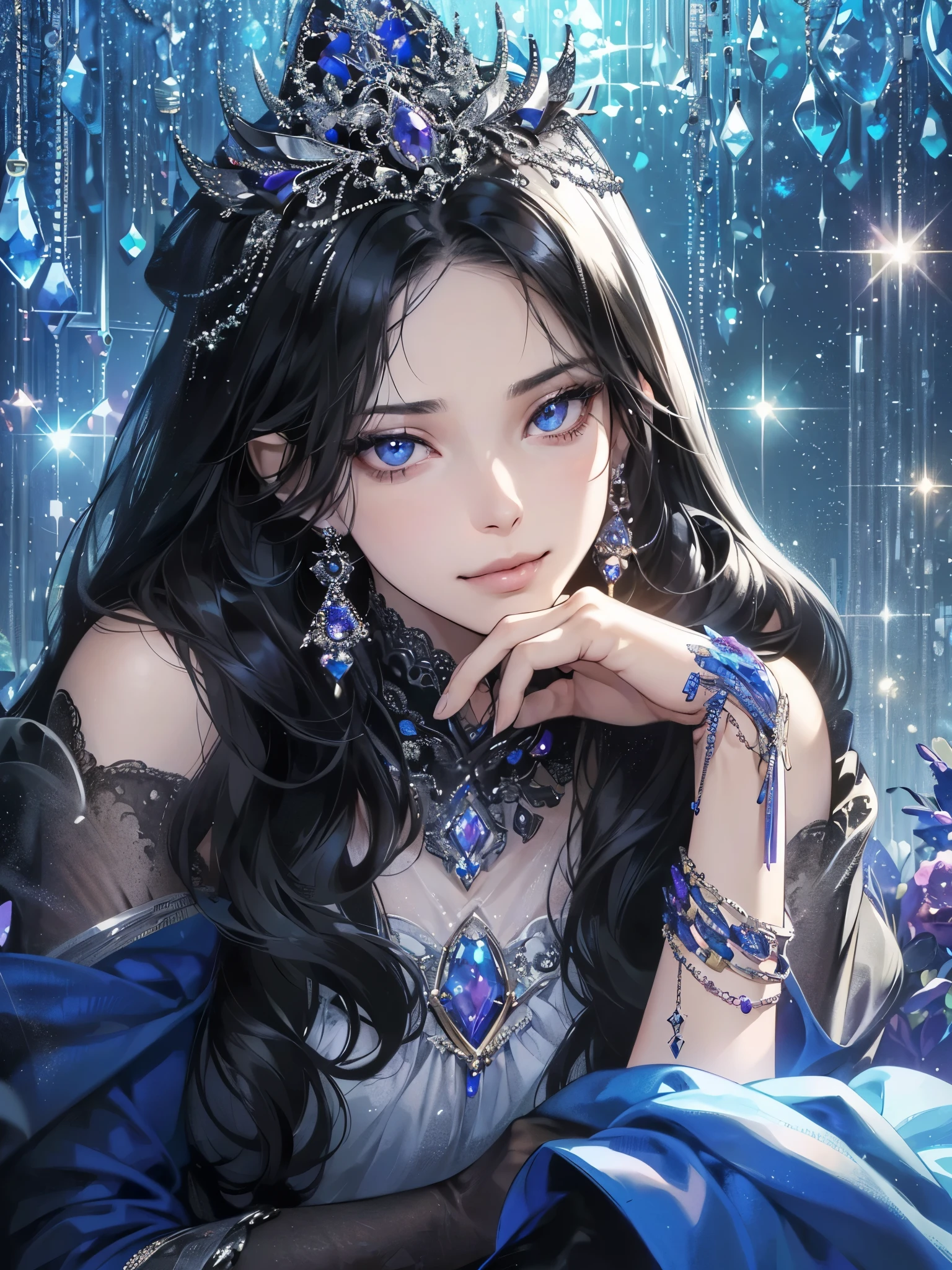 (Tabletop, Digital Art, Digital illustration, 4K, 8K, Ultra-detailed, Beautiful images, Clear images, Realistic, RAW Photos, Perfect Face, Perfect Lines, Perfect Eyes, Soft lighting) ,1 female, (Long black shiny hair,Split bangs、Bullish gaze,Beauty,closed mouth,smirk,Mature,(slender,),White skin,23-year-old female,:1.3),Glossy feel、Glossy feel、Lip gloss、purple crystal jewelry、shiny