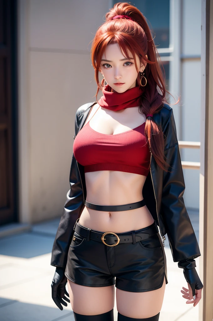 maya1hit, 1girl, red hair, long hair, ponytail, hair between eyes, scrunchie, red eyes, jewelry, earrings, large breasts, cleavage, scarf, black scarf, midriff, navel, gloves, elbow gloves, belt, shorts, short shorts, black shorts, thighhighs, boots, film grain, chromatic aberration, city, masterpiece, best quality, raw photo, photorealistic, absurdres, beautiful girl, perspective, cowboy shot, highres, ultra detailed, detailed eyes and face, summer, night, cute face, pretty face, ultra Big breasts 