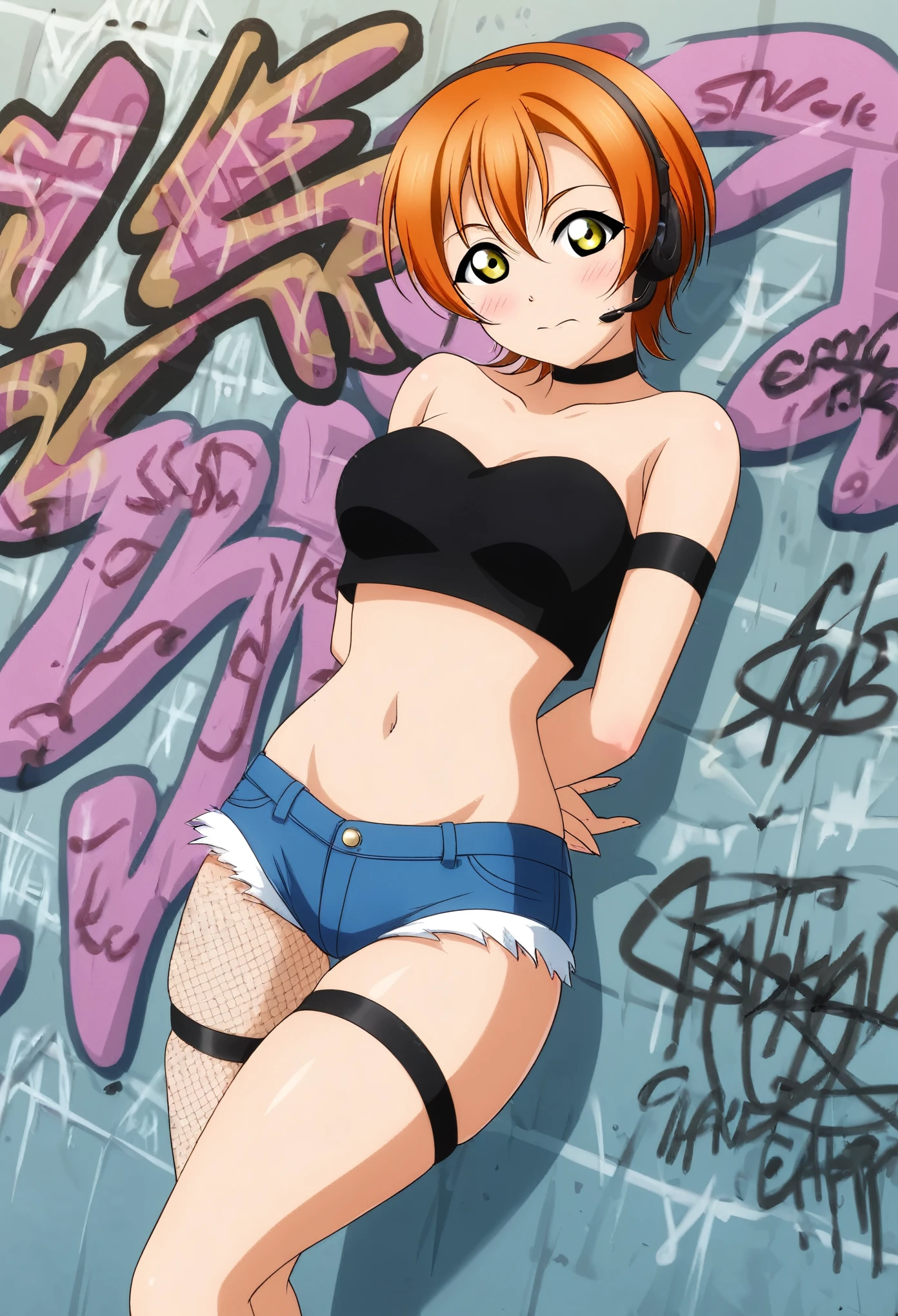 Masterpiece, best quality,Hoshizora rin,cowboy shot,solo ,yellow eyes, short hair, :3,orange hair, solo, gothic make up ,crop top, denim shorts, choker, (graffiti:1.5), paint splatter, arms behind back, against wall, looking at viewer, armband, thigh strap, paint on body, head tilt, headset, fishnet pantyhose, embarrassed,thicc thighs ,naked,love live style