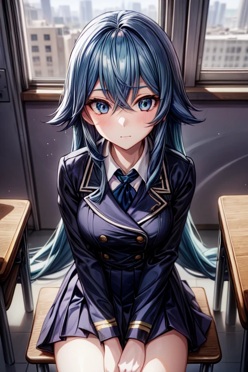 1 Girl, Long light blue hair, Navy blue, sit in class, black school modern uniform, anime