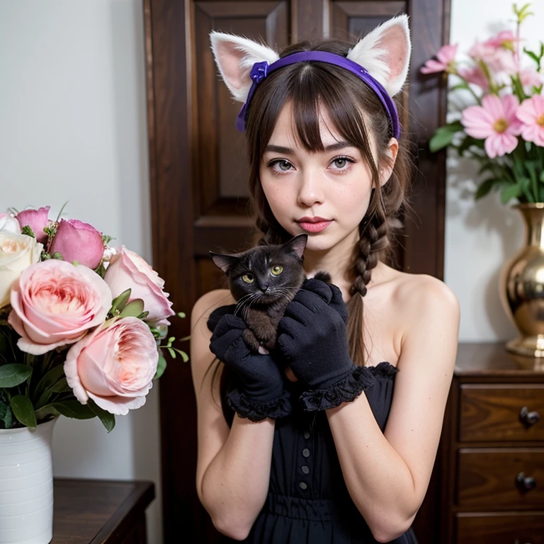 1girl, naked, animal ears, purple eyes, brown hair, wings, solo, long hair, blush, cat ears, flowers, looking at viewer, braids, bows, dresses, pink flowers, bows, hair accessories, bangs, cats, hair flower, animal ear hair, holding, virtual youtuber, blue bow, holding animal, catwoman, stuffed toy