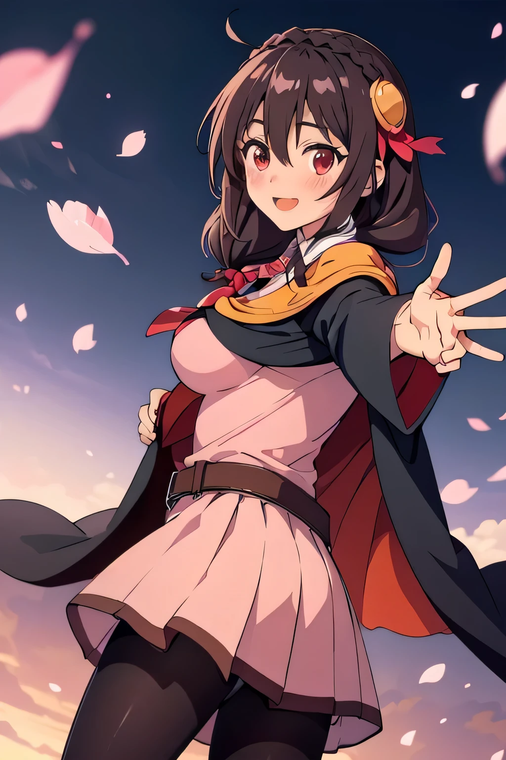 (masterpiece, highest quality), One girl, Whirling,Long Hair,Braiding,Twin tails,Hair between the eyes,Hair Ribbon,hair ornaments,Big Breasts,(Cape:1.2),tie,shirt,pink shirt,Long sleeve,belt,A fluttering pink skirt,pantyhose,loafers,Brown footwear、Blushing and smiling、Background is cherry blossoms,Looking back, he stretches out one hand to hold mine