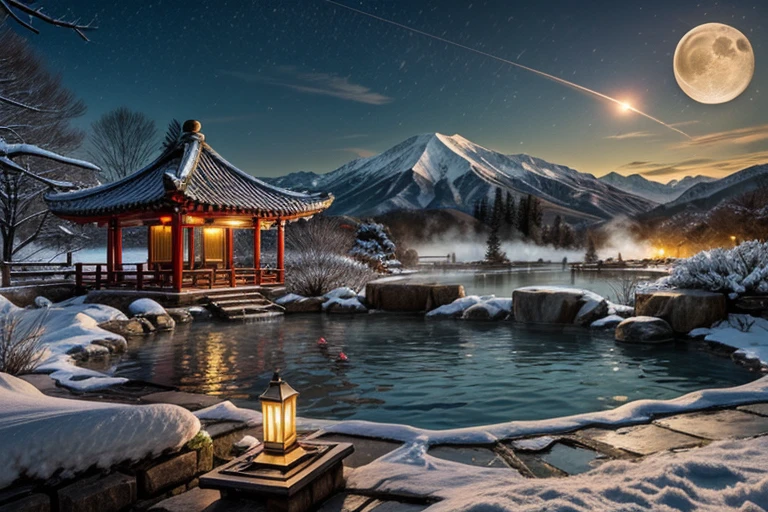 Ancient Chinese landscapes, ((hot spring)), (heavy snowfall), (Firefly), (kite), (midnight), (moon), shrine on top of a mountain, ((flower)), beautiful landscape, Realistic lighting, masterpiece, High quality, Beautiful graphics, high detail,