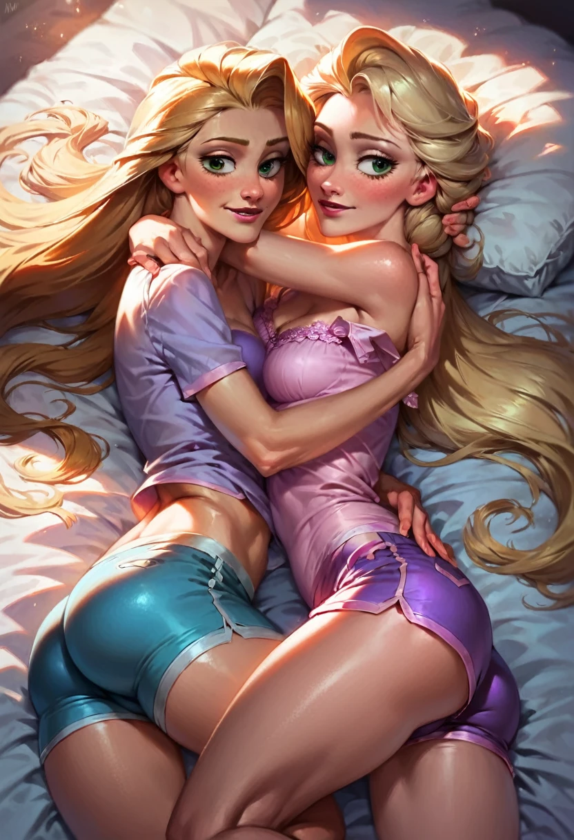 score_9, score_8_up, score_7_up, score_6_up, score_5_up, (high quality, detailed, beautiful), detailed soft lighting, rating_explicit, 2girls, Rapunzel cuddling in bed with Elsa, yuri, beautiful eyes, open eyes, wearing cute tight pajama shorts and top.