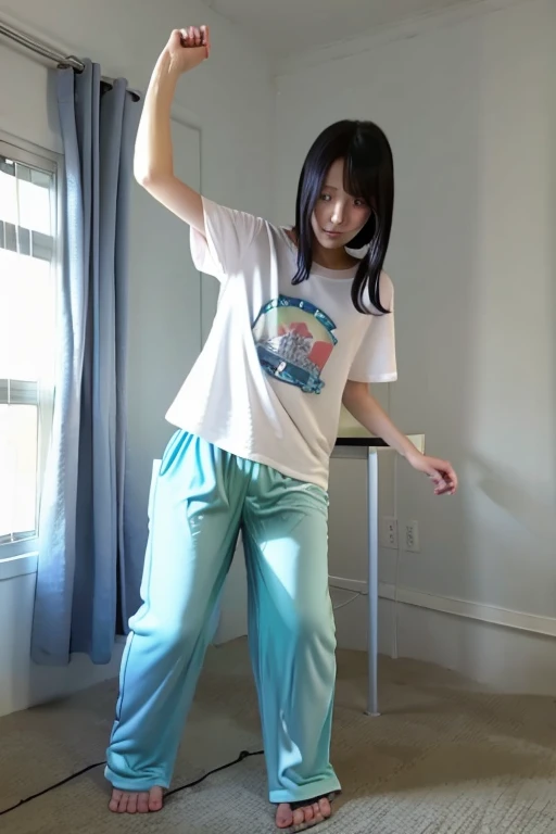 Japanese Girl thin body wearing a white short-sleeved t-shirt sees the ghost and pees her light blue lose pajama pants until his pants are wet pants in fright.