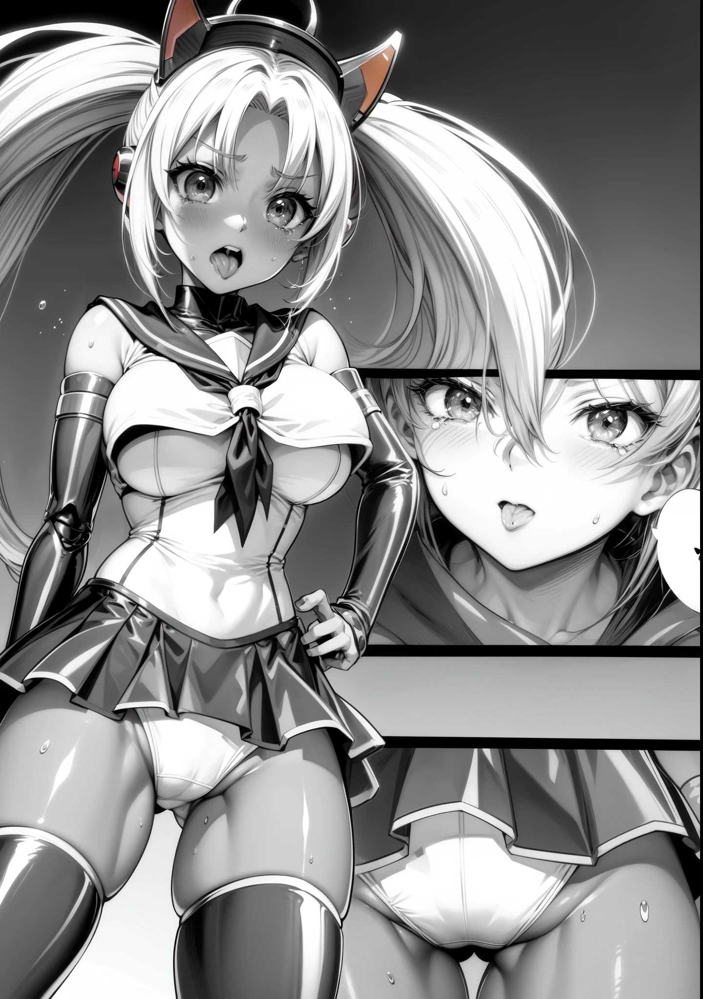 Female Combatant、Brown skinned Japanese girl、Close-up of a girl in a silver leotard、Silver Shiny Leotard、Red boots、Sailor suit、銀のSailor suit、Red scarf、Red Skirt、Silver Hair、Silver Hairツインテール、Saiyan Girl, wonderful, Nano Girl, Female body type, Inspired by Hiromu Arakawa, Anime Manga Robot!! Anime Girls, Fubuki, Full Body Suit, by Hiromu Arakawa、wonderful, silk, Beautiful and attractive anime , Anime Girls of the future, tears,Drooling,Pee,Sweat,Tongue out,incontinence,Peeing,Mouth open and tongue out,Estrus,Eyes wide open,Estrus,Blushing,Nipples are erect,Face is hot,Lust、Mouth wide open and tongue sticking out、incontinence、My crotch is wet、Crying face、Drooling、Red camouflage on face