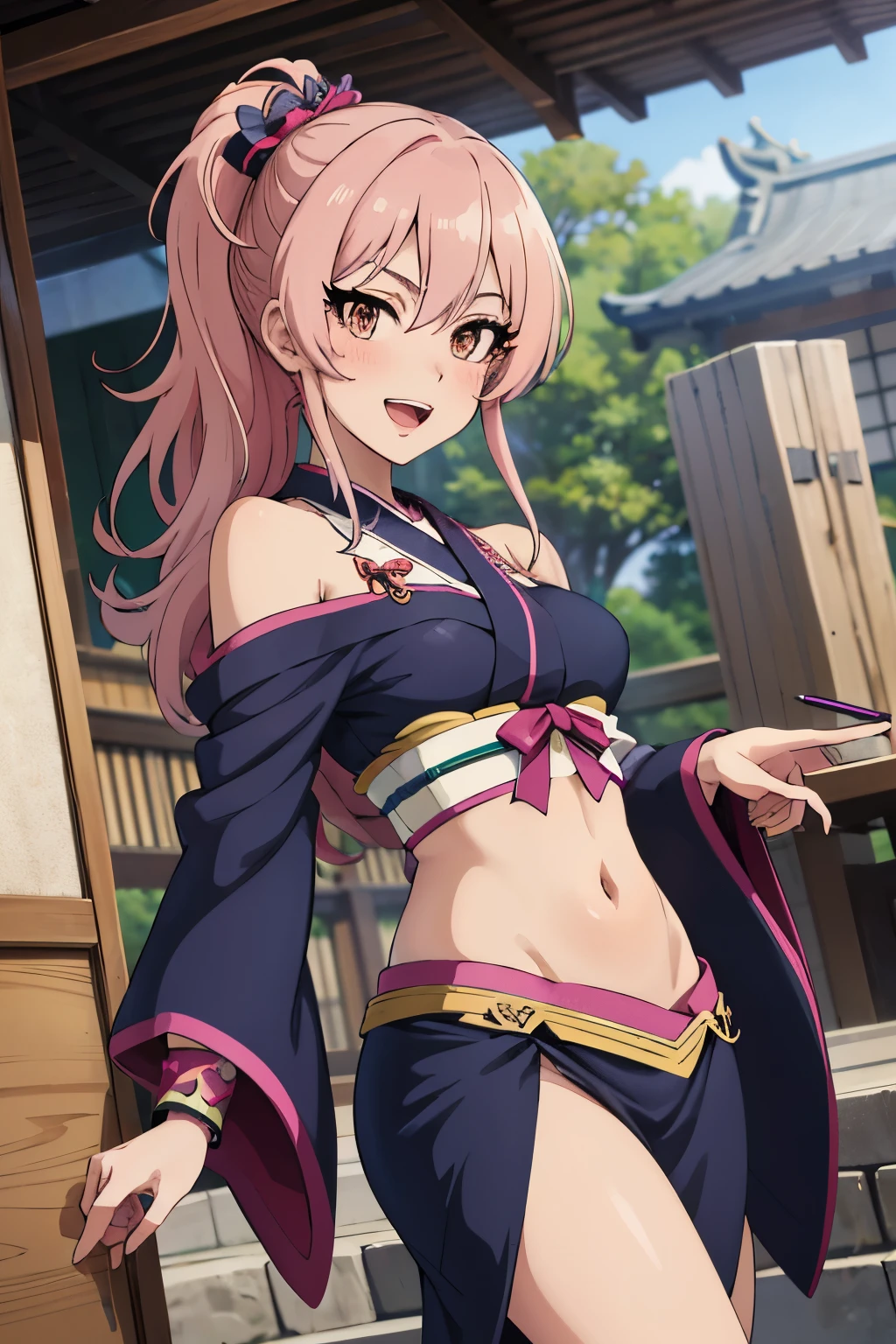  aamika, long hair, wrist scrunchie, smile, blush, lipstick, masterpiece, best quality, highly detailed, a anime girls in kimono dress with a sword posing for a
picture, bare shoulder,open kimono, evil smile, open mouth, crop top , (nsfw) not safe for work, smile,
ecchi anime style, anime girls, ecchi style, ecchi, digital anime art!!, in anime style, official artwork, visual
novel cg, beautiful anime girl, anime style 4 k, kimono pencil skirt, exposed belly, exposed navel,
exposed midriff, exposed lower belly, outdoor, japanese architecture, temple