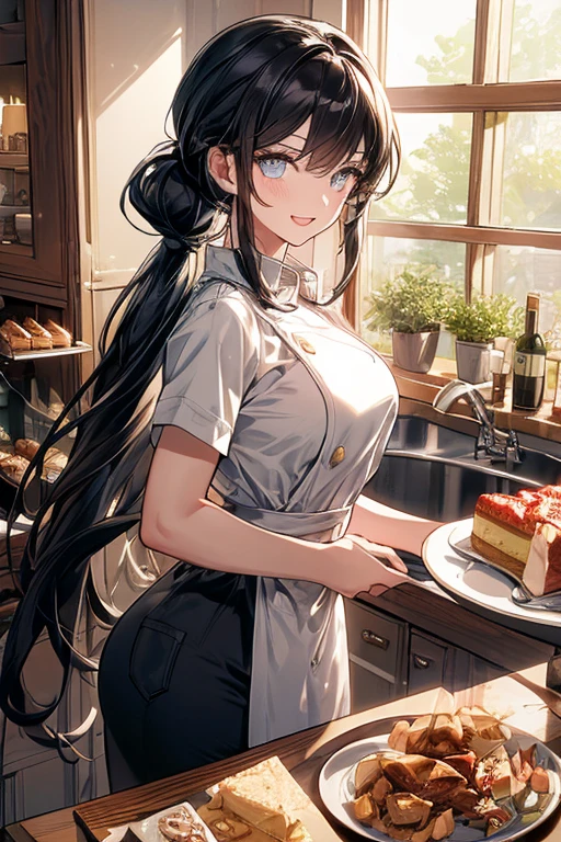 (dynamic angle:1.3, front view:1.1, breast focus:1.3, from above:1.1), (dynamic posing:1.2, sexy posing:1.2), (seductive smiling:1.3), ((looking at cake,Taking a cake out of the golden oven, worried about the outcome:1.2)),highest quality、(real、photorealistic:1.4),(ultra high resolution, 8K RAW photo, clear focus), best qualtiy, natural lighting, field depth, (Bright pupils, detailed beautiful eyes, high detailed face), Red lip, (tight focus:1.2), a girl 22yo old, Wearing a pastry chef uniform:1.3 , Thicc, thin breast, long hair, blue eyes,a pastry pretty girl:1.1, (highly detailed beautiful face and eyes,small breasts),real skin,((black,hair,long pony tail hair)),thin pubic hair,cute,lovely, detailed eyes,(double breasted:1.0,under bust:1.0),(with sparkling eyes and a contagious smile),open mouth, Looking at Viewer,A scene of cooking in the kitchen with the oven made by goldden
