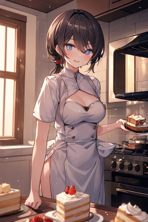 (dynamic angle:1.3, front view:1.1, breast focus:1.3, from above:1.1), (dynamic posing:1.2, sexy posing:1.2), (seductive smiling:1.3), ((looking at cake,Taking a cake out of the golden oven, worried about the outcome:1.2)),highest quality、(real、photorealistic:1.4),(ultra high resolution, 8K RAW photo, clear focus), best qualtiy, natural lighting, field depth, (Bright pupils, detailed beautiful eyes, high detailed face), Red lip, (tight focus:1.2), a girl 22yo old, Wearing a pastry chef uniform:1.3 , Thicc, thin breast, long hair, blue eyes,a pastry pretty girl:1.1, (highly detailed beautiful face and eyes,small breasts),real skin,((black,hair,long pony tail hair)),thin pubic hair,cute,lovely, detailed eyes,(double breasted:1.0,under bust:1.0),(with sparkling eyes and a contagious smile),open mouth, Looking at Viewer,A scene of cooking in the kitchen with the oven made by goldden