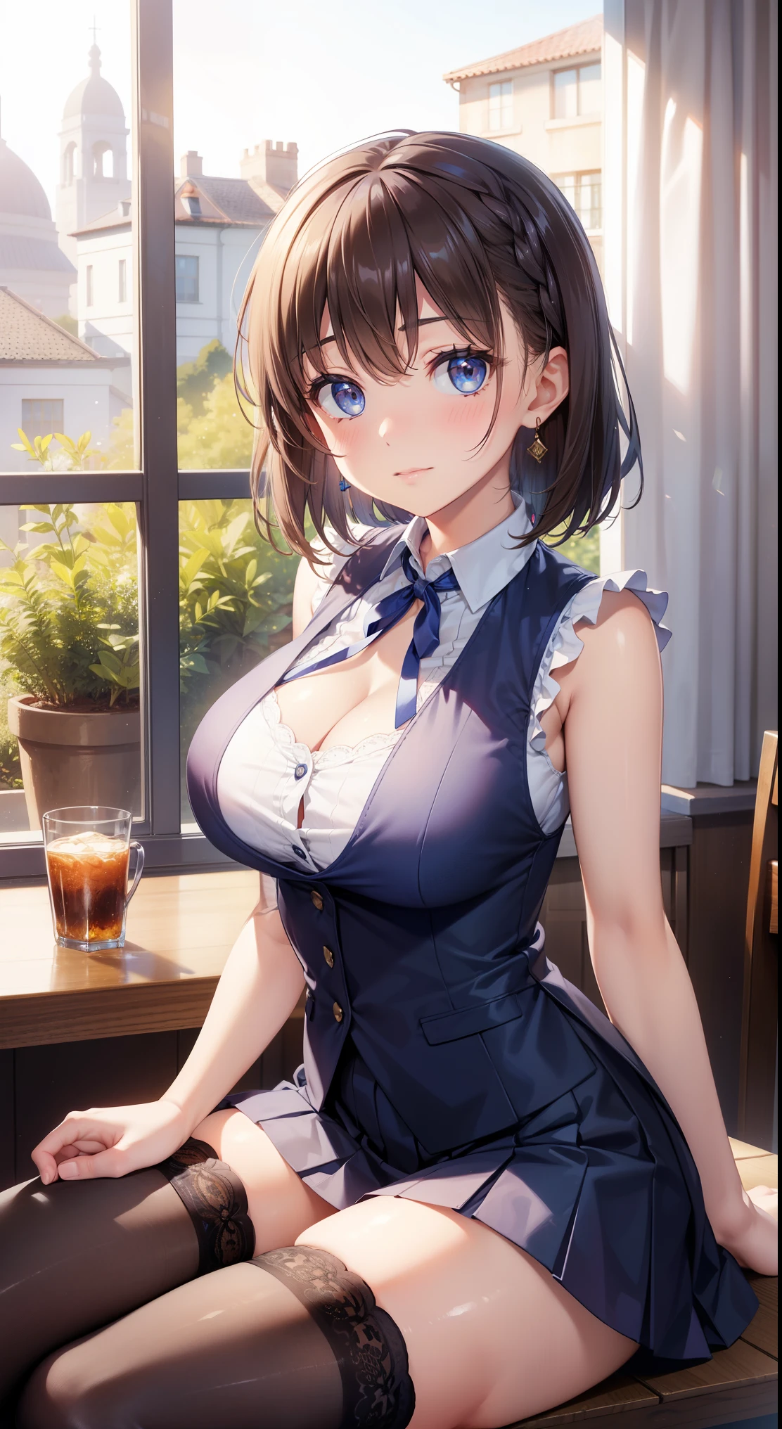 Anime girl sitting on a table with a glass of beer - SeaArt AI