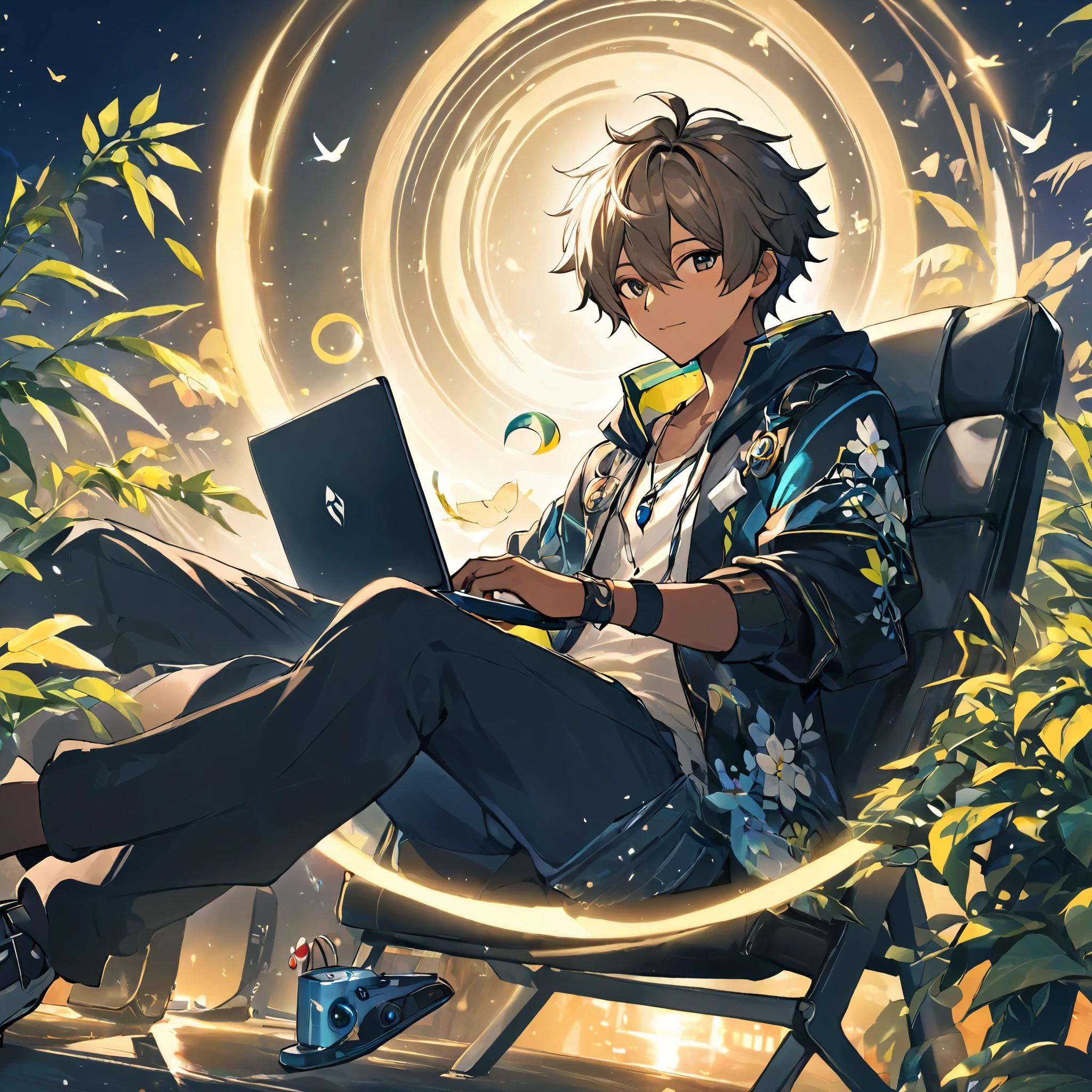 Anime - Stylish image of a men sitting and playing computer games, Men with tan skin, nightcore, Official artwork, hq artwork, vocaloid, hololive, 2d art cover, From Arknights, An anime cover, 8K!, 2 d anime style, hack, Best anime 4k travel wallpaper ，genshin impact perssonage, There were leaves and birds flying all around, Flowers flutter around in circles