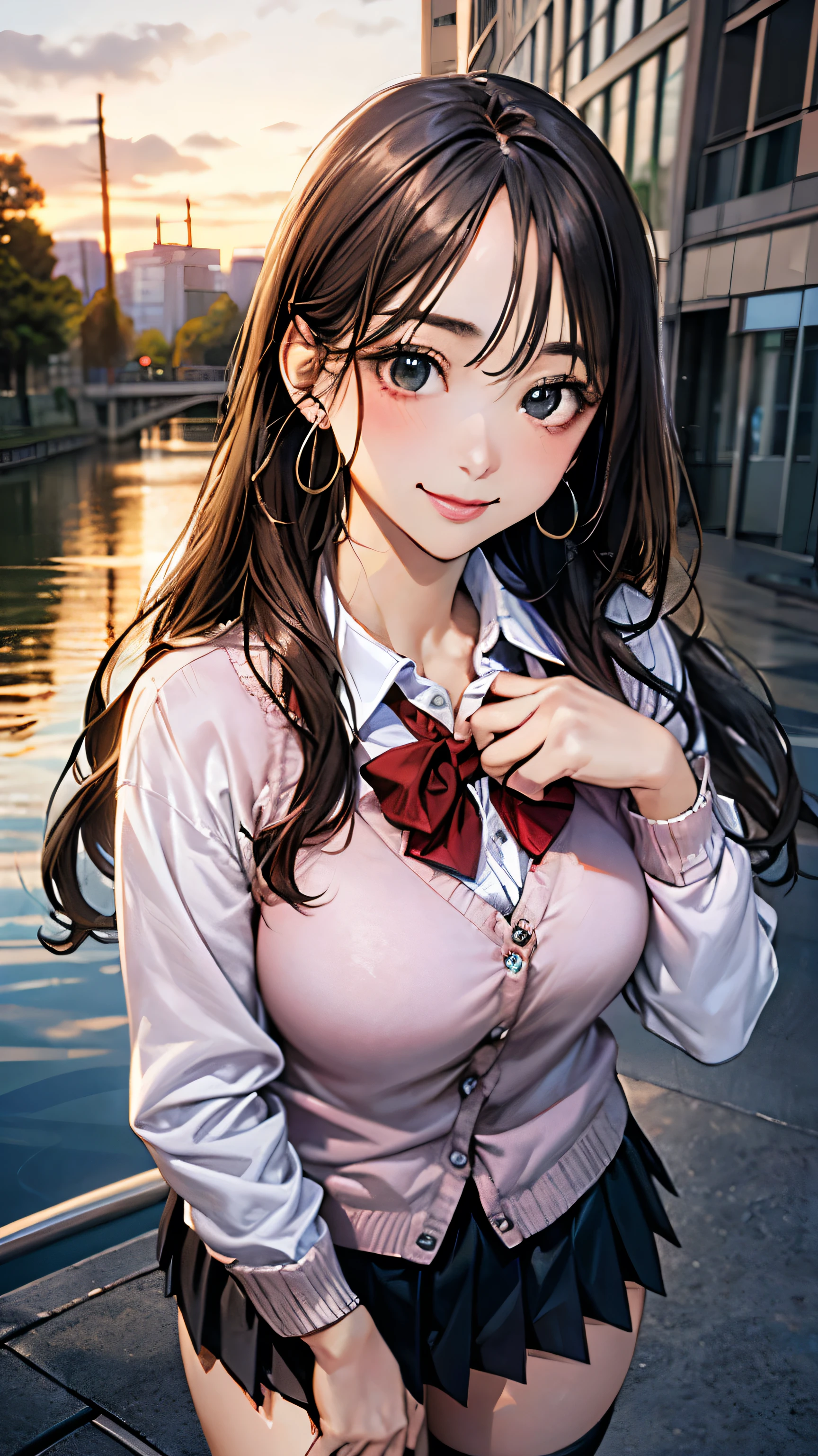 (masterpiece:1.2, highest quality), (Realistic, photoRealistic:1.4), Beautiful illustrations, (Natural Side Lighting, Cinema Lighting),
View Viewer, Cowboy Shot, Front view:0.6, 1 girl, Japanese, high school girl, Perfect Face, Cute and symmetrical face, Shiny skin,
(Long Hair:1.8, Straight hair:1.7, Light brown hair), Parted bangs, Emerald green eyes, Long Eyelashes, (Big Breasts:0.9, Thick thighs),
Beautiful Hair, Beautiful Face, Beautiful fine details, Beautiful clavicle, Beautiful body, Beautiful breasts, Beautiful thighs, Beautiful feet, Beautiful fingers,
((Violet Cardigan, White collared shirt, black pleated mini skirt, Black socks, Brown Loafers, Red bow tie)), hoop ring earrings, Pink Panties,
(Beautiful views), evening, River side, walk, Place your hand on your chest, (Cute smile, Upward glance),