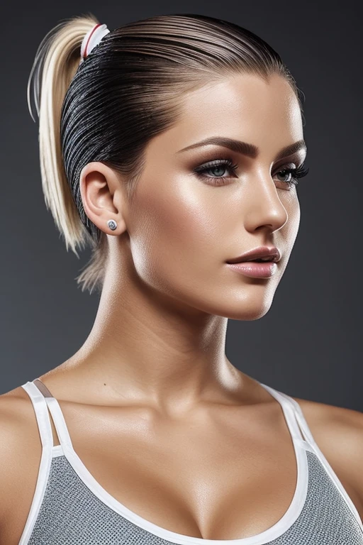 Gorgeous european woman with short hair, short hair, ponytail, wet hair, hair slicked back, combed straight back, slick hair, auburn gradient hair, wearing a safari outfit, cleavage, solid dark grey background