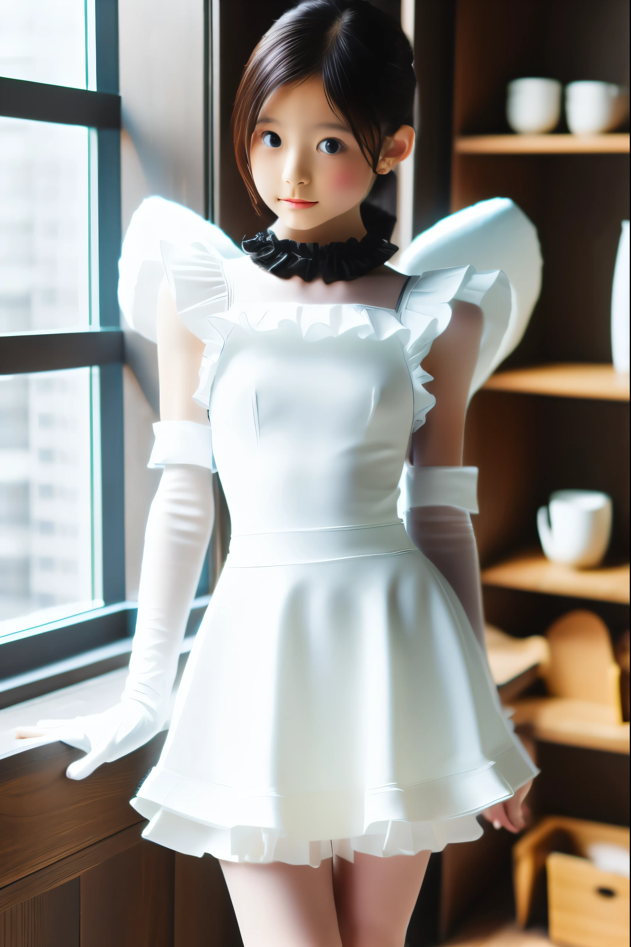Apprentice Angel、Short Bob、White high leg leotard、Frilled mini skirt、whole body、Long gloves