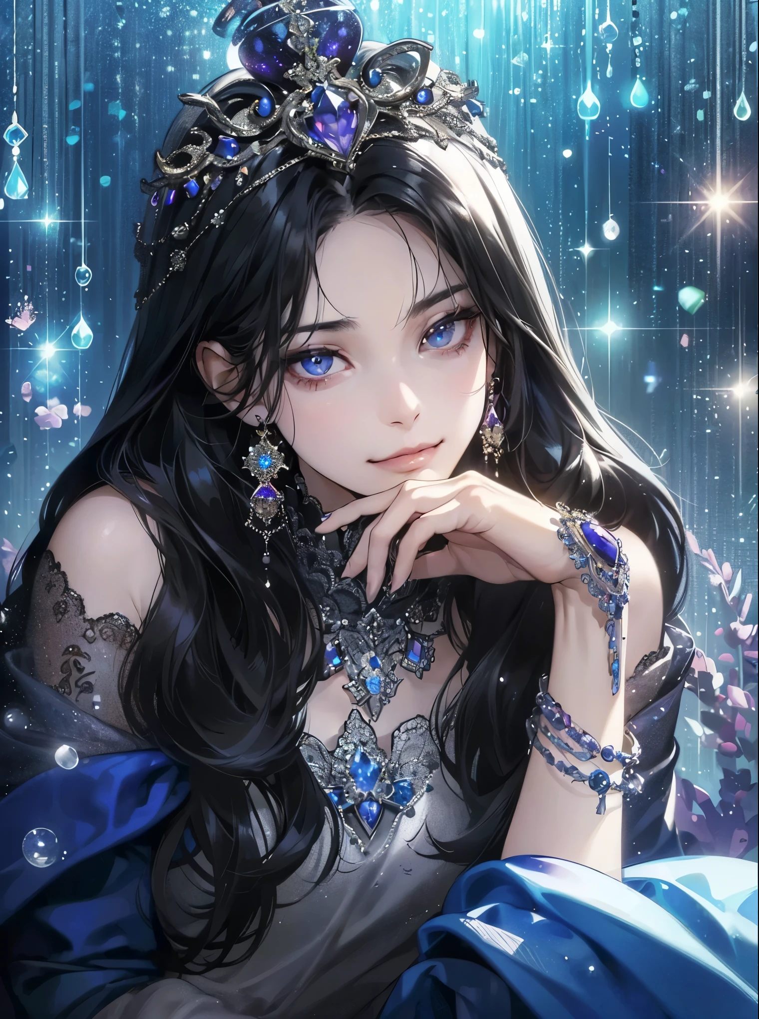 (Tabletop, Digital Art, Digital illustration, 4K, 8K, Ultra-detailed, Beautiful images, Clear images, Realistic, RAW Photos, Perfect Face, Perfect Lines, Perfect Eyes, Soft lighting) ,1 female, (Long black shiny hair,Split bangs、Bullish gaze,Beauty,closed mouth,smirk,Mature,(slender,),White skin,23-year-old female,:1.3),Glossy feel、Glossy feel、Lip gloss、purple crystal jewelry、shiny