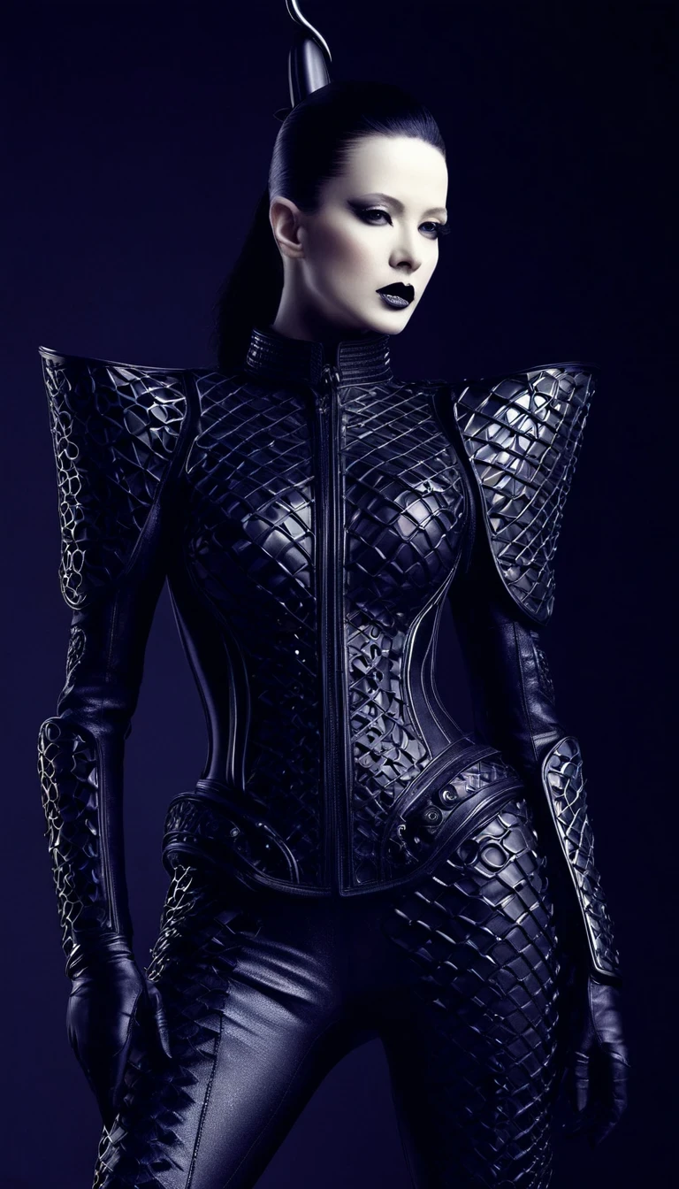 Avant-garde and elegant tight combat suit，Female Warrior，Serge Lutens is known for his avant-garde elegance。His works continue to transcend the boundaries of traditional aesthetics，Combining elements of surrealism and futurism，While maintaining elegance。This unique combination makes his work both sophisticated and provocative.，background：Lots of different weapons