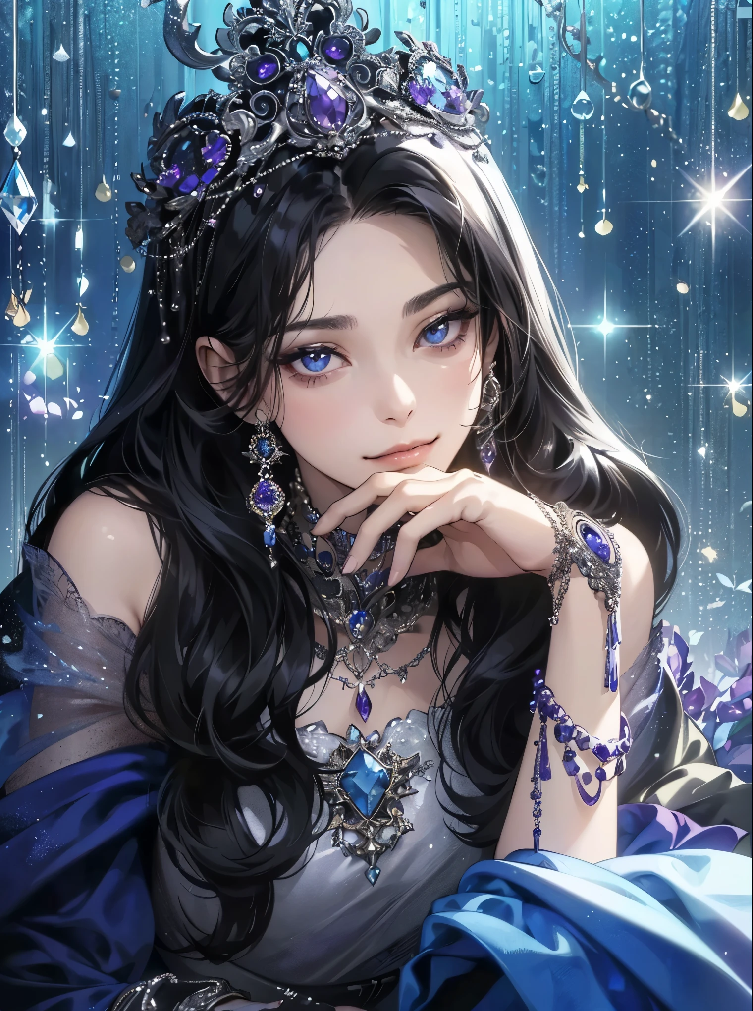 (Tabletop, Digital Art, Digital illustration, 4K, 8K, Ultra-detailed, Beautiful images, Clear images, Realistic, RAW Photos, Perfect Face, Perfect Lines, Perfect Eyes, Soft lighting) ,1 female, (Long black shiny hair,Split bangs、Bullish gaze,Beauty,closed mouth,smirk,Mature,(slender,),White skin,23-year-old female,:1.3),Glossy feel、Glossy feel、Lip gloss、purple crystal jewelry、shiny