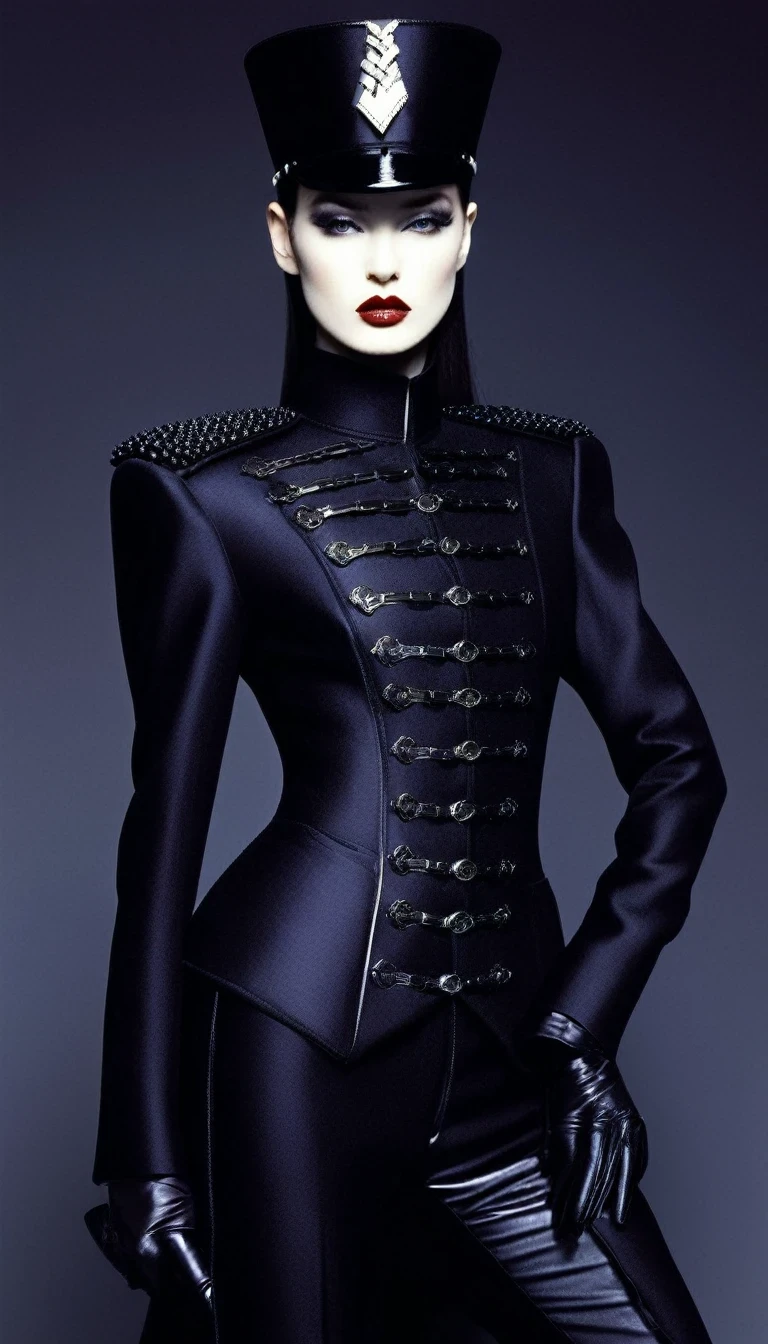 Avant-garde and elegant female warrior in tight combat uniform，Serge Lutens is known for his avant-garde elegance。His works continue to transcend the boundaries of traditional aesthetics，Combining elements of surrealism and futurism，While maintaining elegance。Lots of different weapons，Sophisticated yet provocative，background：battlefield