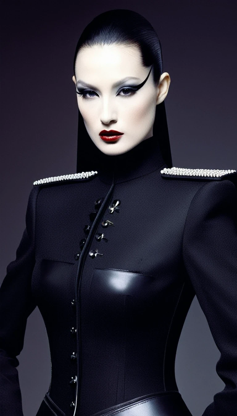 Avant-garde and elegant female warrior in tight combat uniform，Serge Lutens is known for his avant-garde elegance。His works continue to transcend the boundaries of traditional aesthetics，Combining elements of surrealism and futurism，While maintaining elegance。Lots of different weapons，Sophisticated yet provocative，background：battlefield