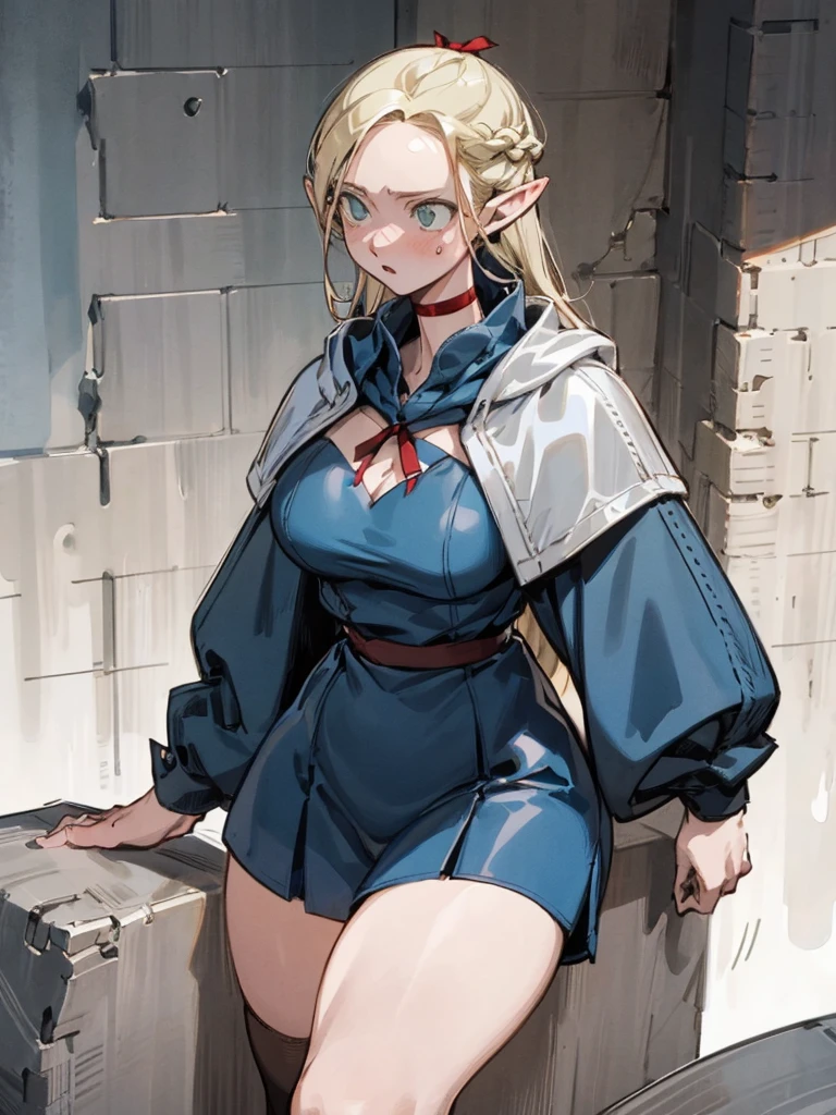 Dungeon Meshi Marcille, Marsil, (detailed, masterpiece, highest quality, One Woman:1.2) Wearing black tights, Silver Accessories , blonde ,Pointy Ears，thigh，漏出thigh，Big Breasts, adventure, Inside the dungeon, solo, Clear lines:1.5, Red choker, Best thighs