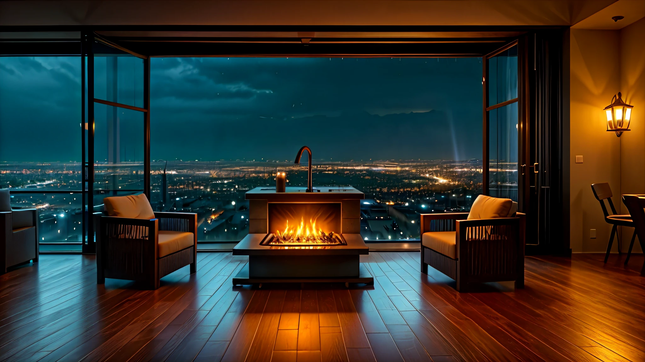 ambiente aconchegante com janelas com vista para a cidade ultra realista, cores vibrantes, the night raining heavily outside the city lights cozy lighting candlelight and fireplace.  