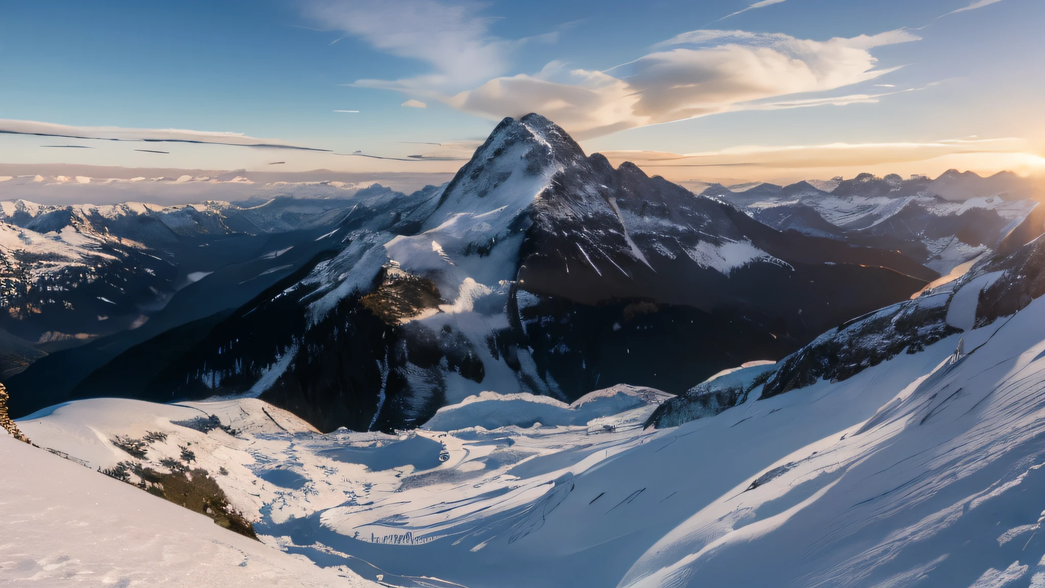 Scenery of Mt Alps, shoot at peak top, snow and glacier surround, panoramic view, sunrise morning, 8k photorealistic