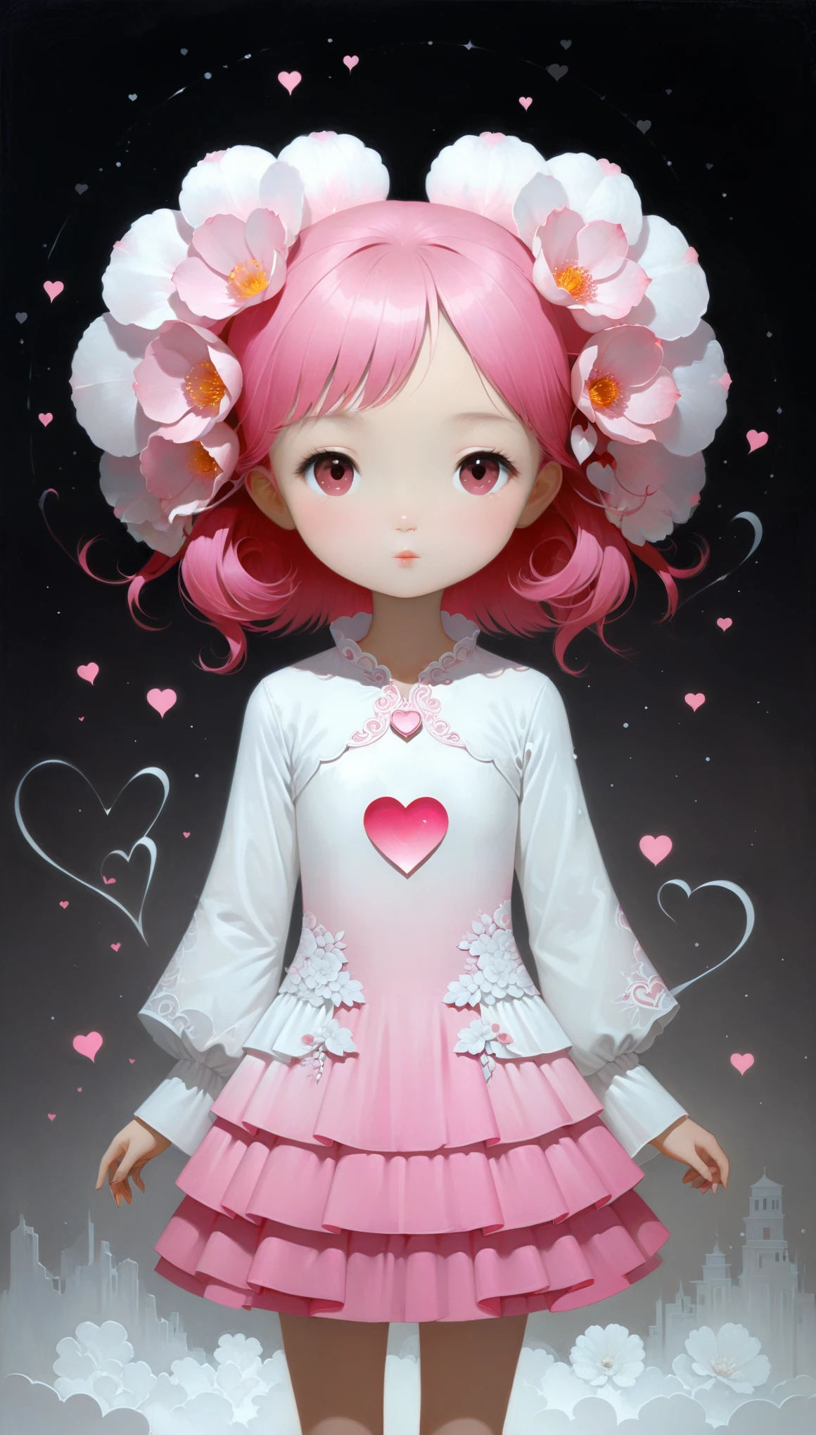 (in style of Jeffrey Catherine Jones,:1.0),(in style of by Liu Ye:0.9),
cowboy_shot,(1 girl solo:1.1),Heart,(heartbeat:1.1),multi-layered long-sleeved dress,((pink) to white gradient) flower paper cut layer,
BREAK
dark_background,reflective fabrics,(gradient clothes:1.2),(heart hands:1.3)