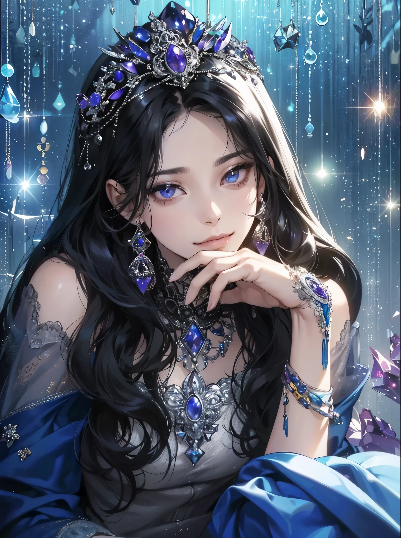 (Tabletop, Digital Art, Digital illustration, 4K, 8K, Ultra-detailed, Beautiful images, Clear images, Realistic, RAW Photos, Perfect Face, Perfect Lines, Perfect Eyes, Soft lighting) ,1 female, (Long black shiny hair,Split bangs、Bullish gaze,Beauty,closed mouth,smirk,Mature,(slender,),White skin,23-year-old female,:1.3),Glossy feel、Glossy feel、Lip gloss、purple crystal jewelry、shiny
