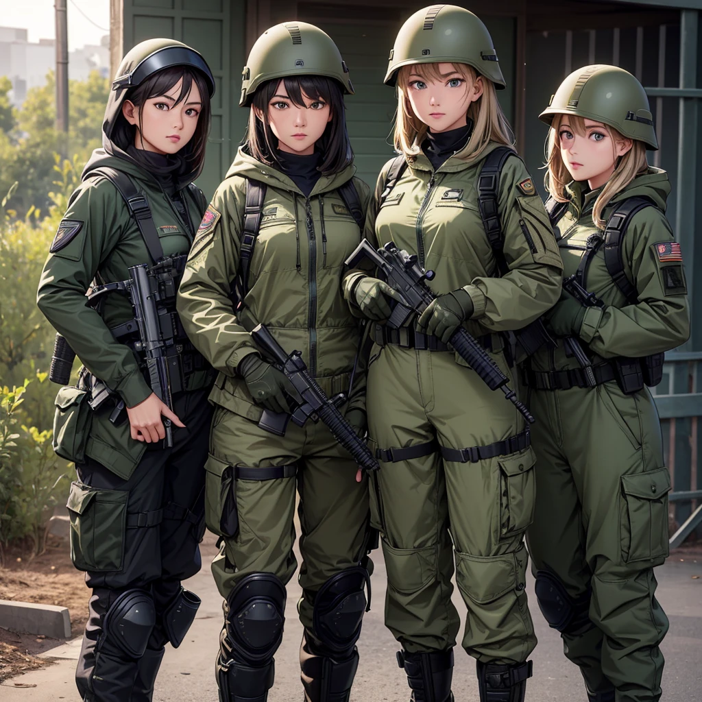 Three female soldiers wearing special forces helmets，Dark green M51 hoodie military uniform、front、Close Range、Crotch guard、military trousers、Magazine Pouch、Tactical harness、Gun in hand、Knee pads、Tactical Holster、Military base gate，Write details、masterpiece、best quality、Highly detailed CG、8K picture quality、theater lighting、lens flare