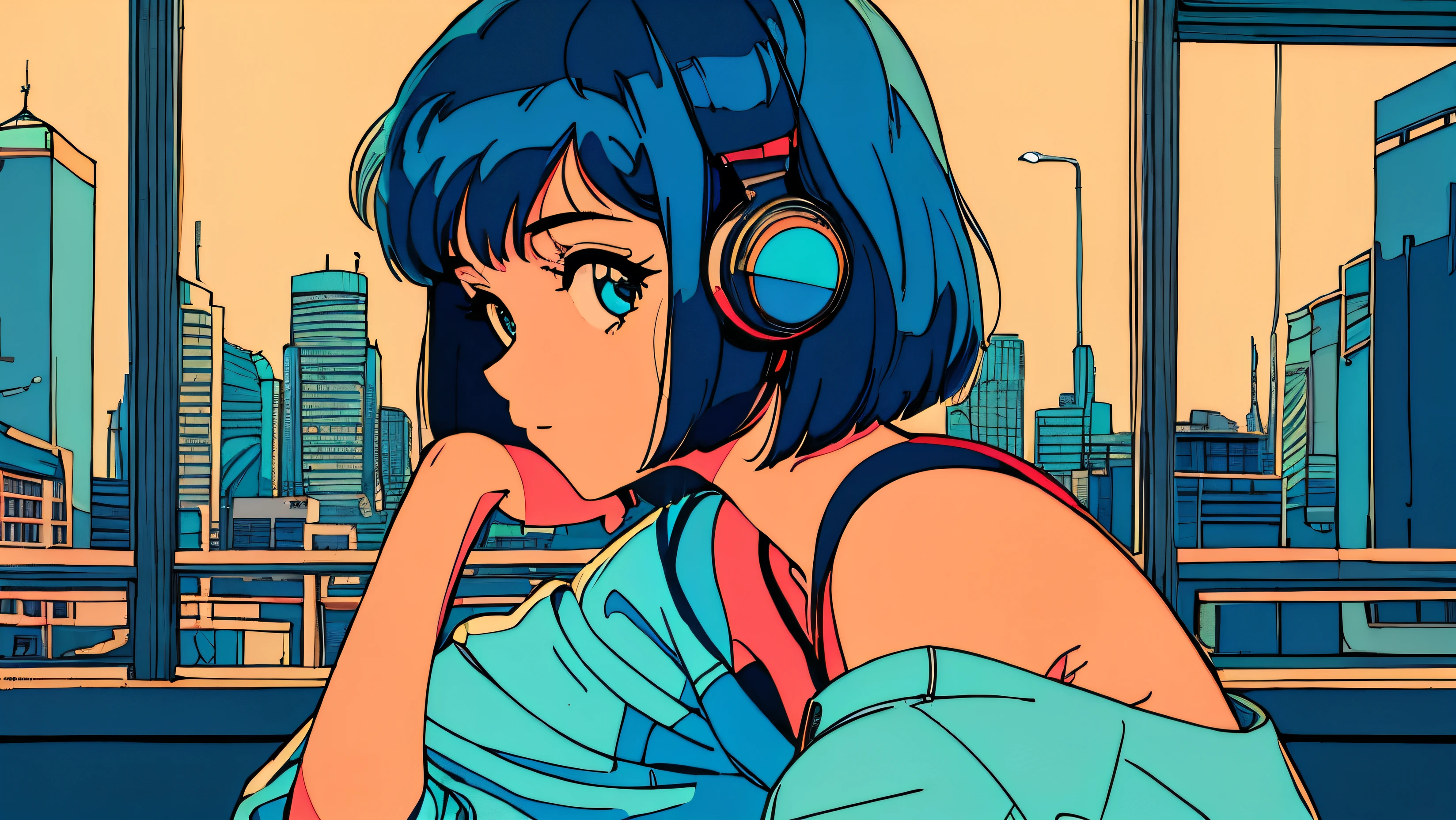 City pop style art,Blue Hair, Bobcut, Wearing headphones, Futuristic yet lo-fi, Retro, Vintage, Ghost,masterpiece, Sitting on the floor, Malaise,((in conclusion)), City view, (( morning )), (( Looking down ))