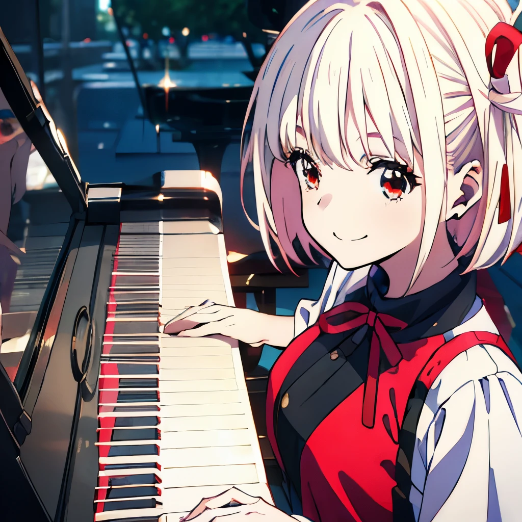 Masterpiece、(((1 person)))、Short Hair、Nishikigi Sensoku、Blonde、Red ribbon、Red Eyes、smile、Upper Body、Black Dress、(((play piano)))