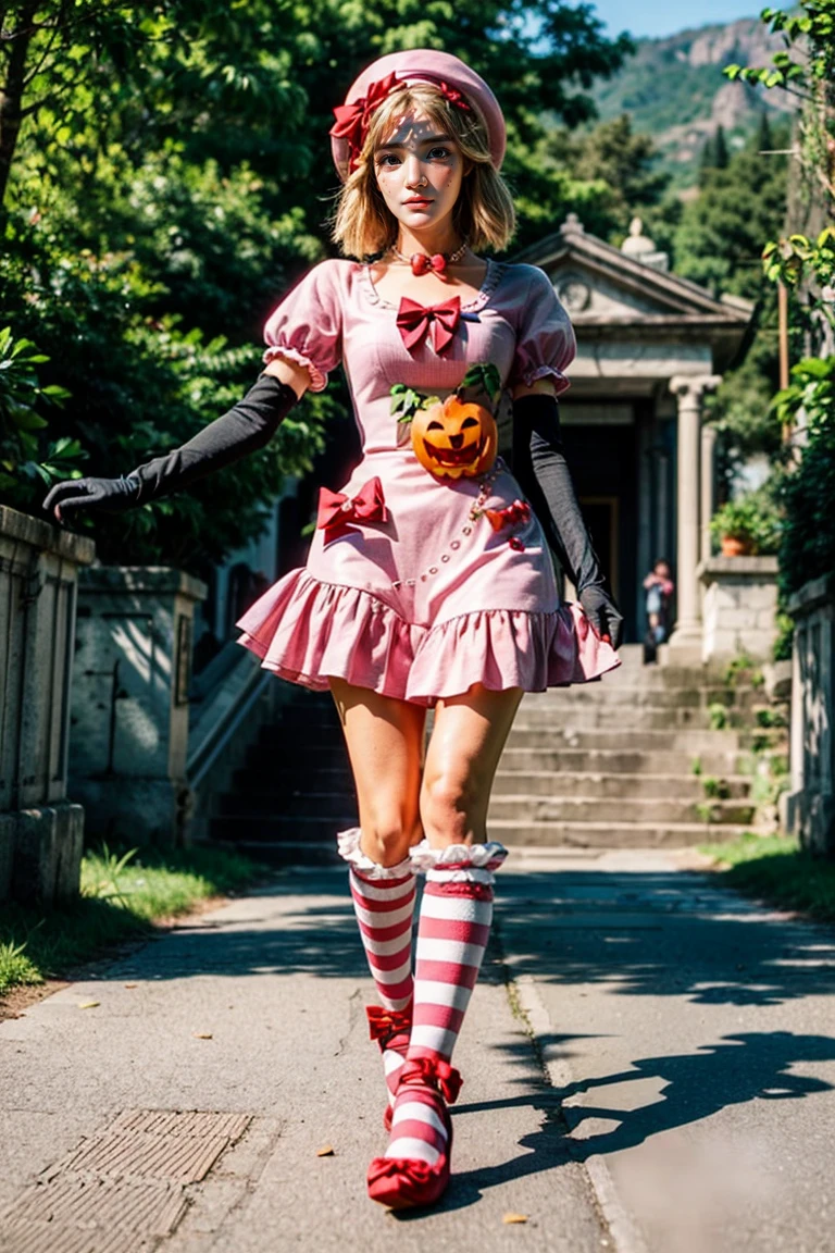 (masterpiece),(best quality), 16k CGI render ((photography)), photorealistic, lambdadelta, dress, shoes bow, red shoes, striped stockings, red bow, pink hat, pumpkin brooch, necklace, gloves, pearl, walking, smile, stairs, temple, mountain, forest, looking at the viewer, close up, pretty face, gorgeous, nice legs,