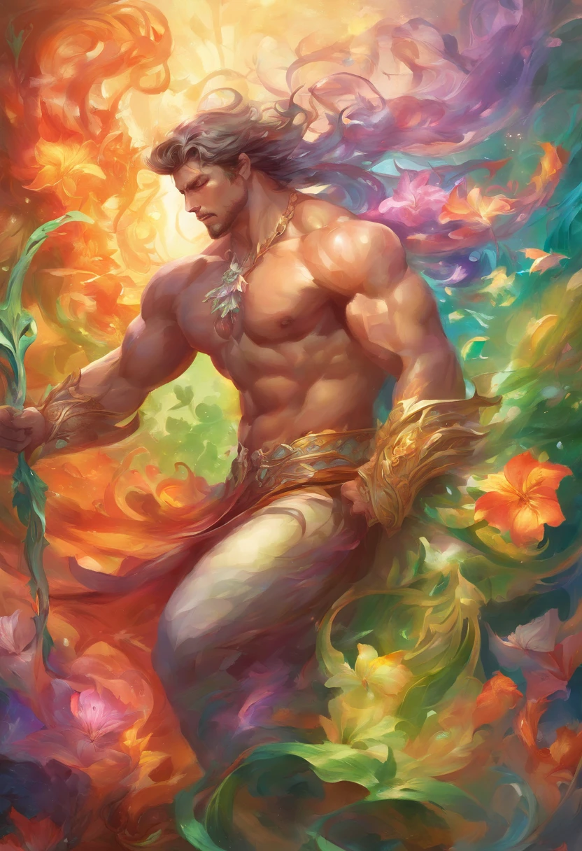 A strong, manly man in an explosion of rainbow-colored translucent lilies, ((strong and muscular body, realistic)),Rendered by Octane,Unreal Engine,Rococo Paper Cut,Green and White Watercolor