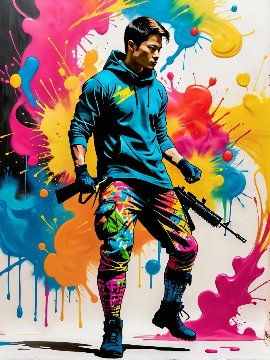masterpiece, best quality, Color ink painting, 男性contour，Armed combatants，Combat tights，dynamic姿势，contour，Graffiti splashes，Bold Colors，dynamic，Colorful，Abstract Painting，Look closely，Like a person，artwork，mystery，design，colorful inkpainting