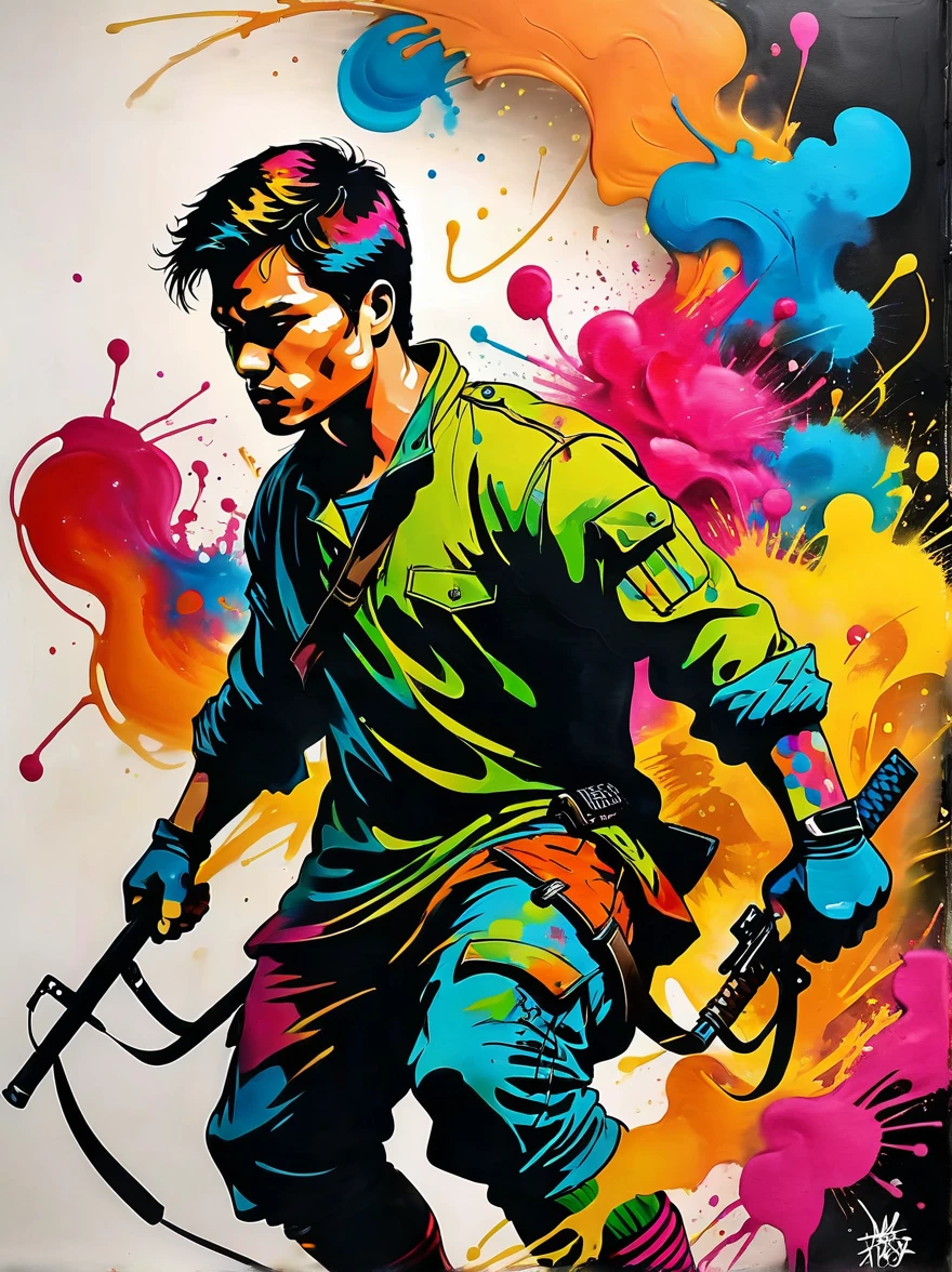 masterpiece, best quality, Color ink painting, 男性contour,Armed combatants,Combat tights,dynamic姿势,contour,Graffiti splashes,Bold Colors,dynamic,Colorful,Abstract Painting,Look closely,Like a person,artwork,mystery,design,colorful inkpainting