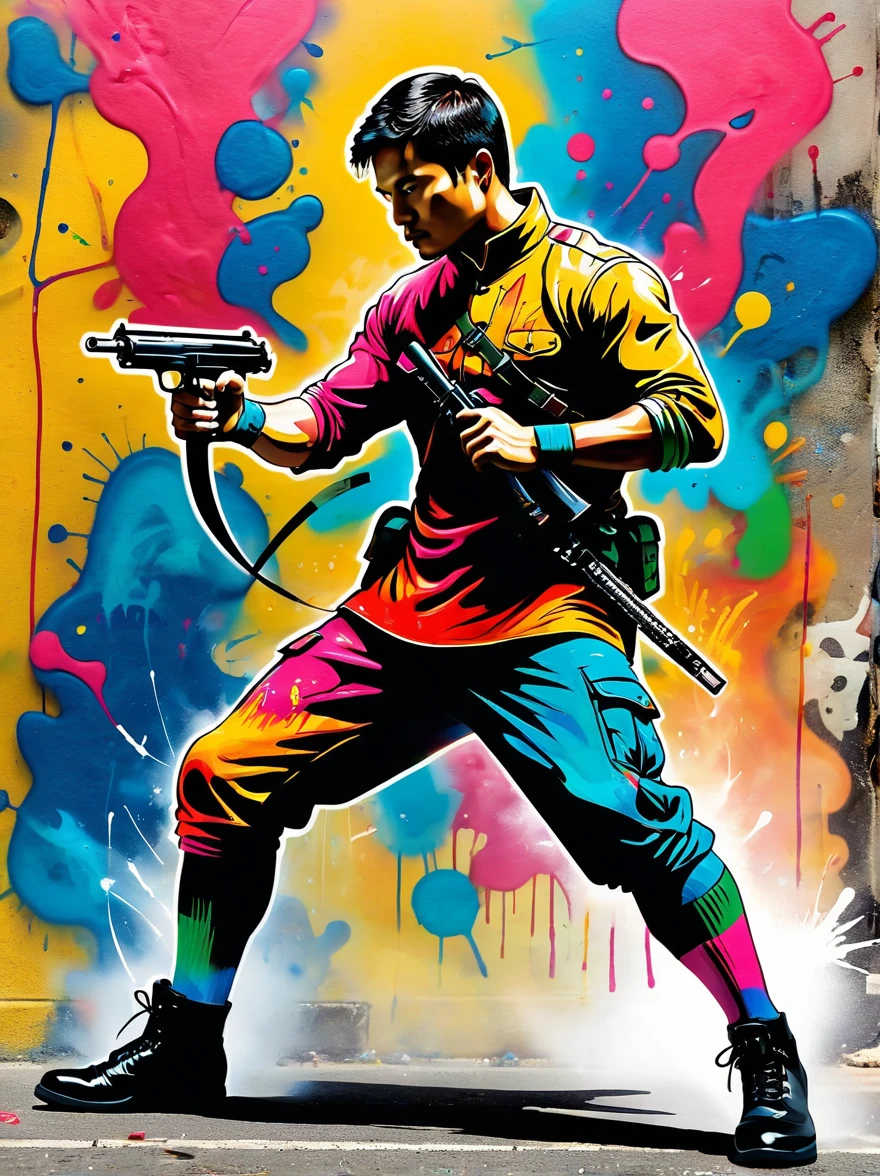 masterpiece, best quality, Color ink painting, 男性contour，Armed combatants，Combat tights，dynamic姿势，contour，Graffiti splashes，Bold Colors，dynamic，Colorful，Abstract Painting，Look closely，Like a person，artwork，mystery，design，colorful inkpainting