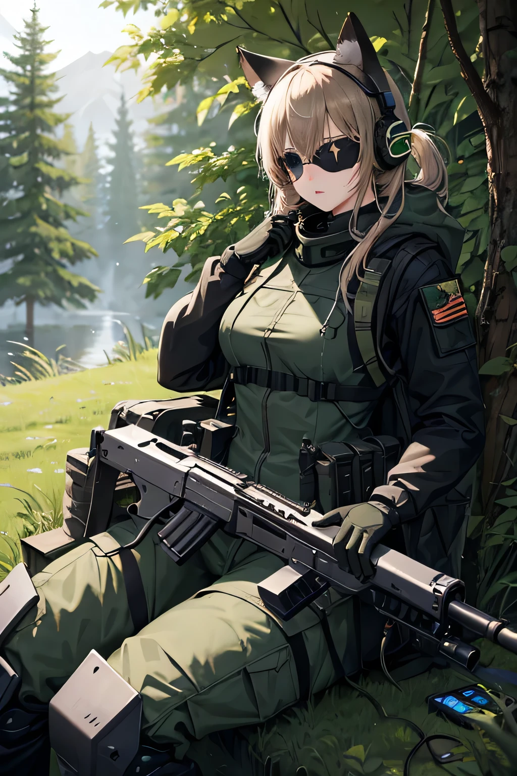 Cat ears robot girl,Equipped with an AK-47,Metal Gear Solid style,forest,camouflage,Eye patch,Military Suits,Headphones,{{masterpiece}},{{high quality} },{Super detailed},{cool},survival,