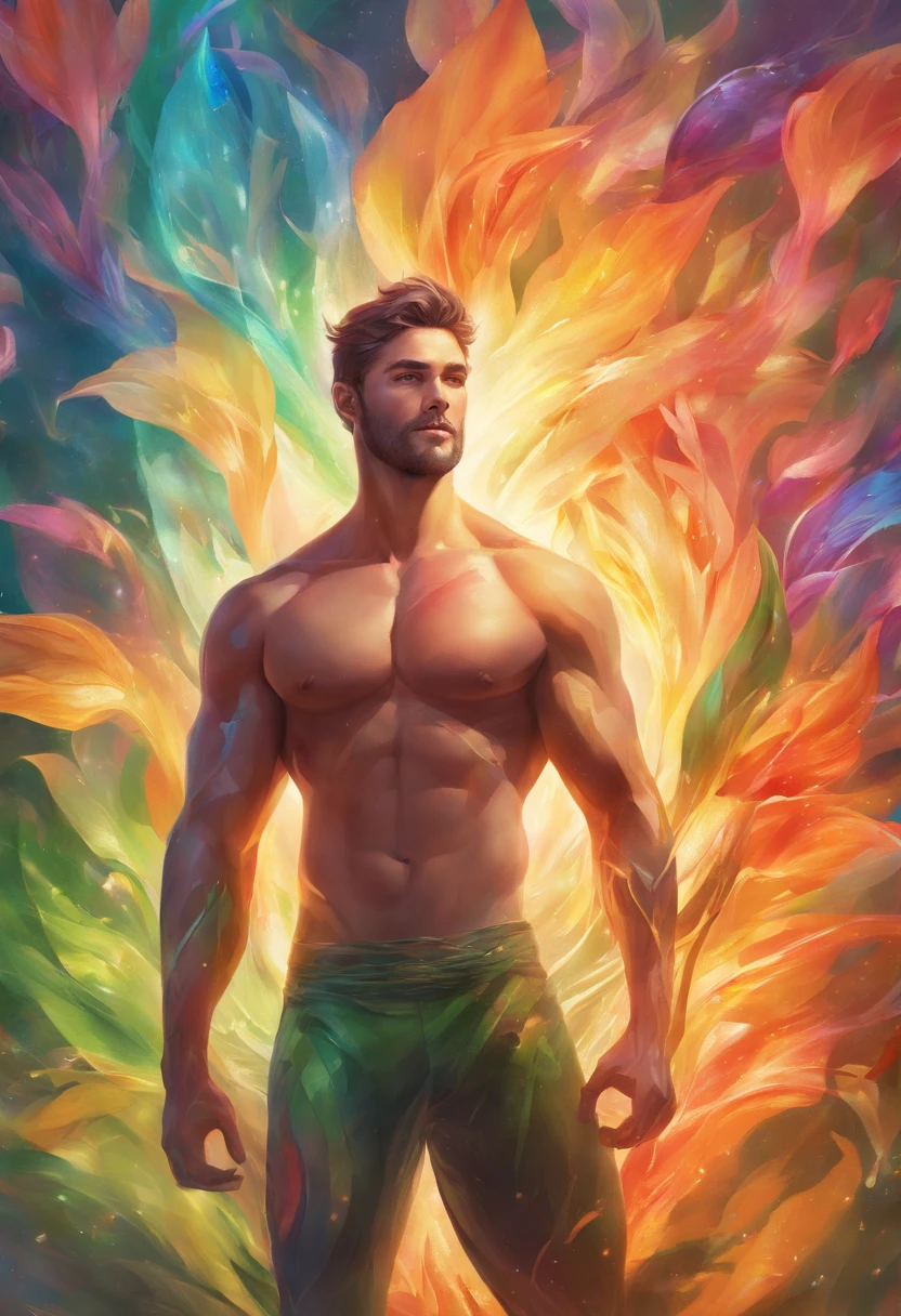 A strong, manly, naked man in an explosion of rainbow-colored translucent lilies, ((strong and muscular body, realistic)),Rendered by Octane,Unreal Engine,Rococo Paper Cut,Green and White Watercolor