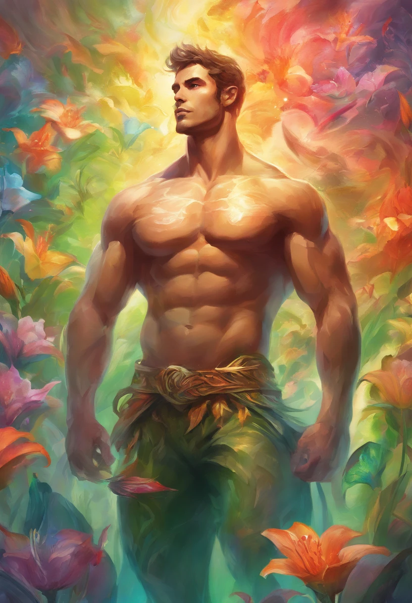 A strong, manly, naked man in an explosion of rainbow-colored translucent lilies, ((strong and muscular body, realistic)),Rendered by Octane,Unreal Engine,Rococo Paper Cut,Green and White Watercolor