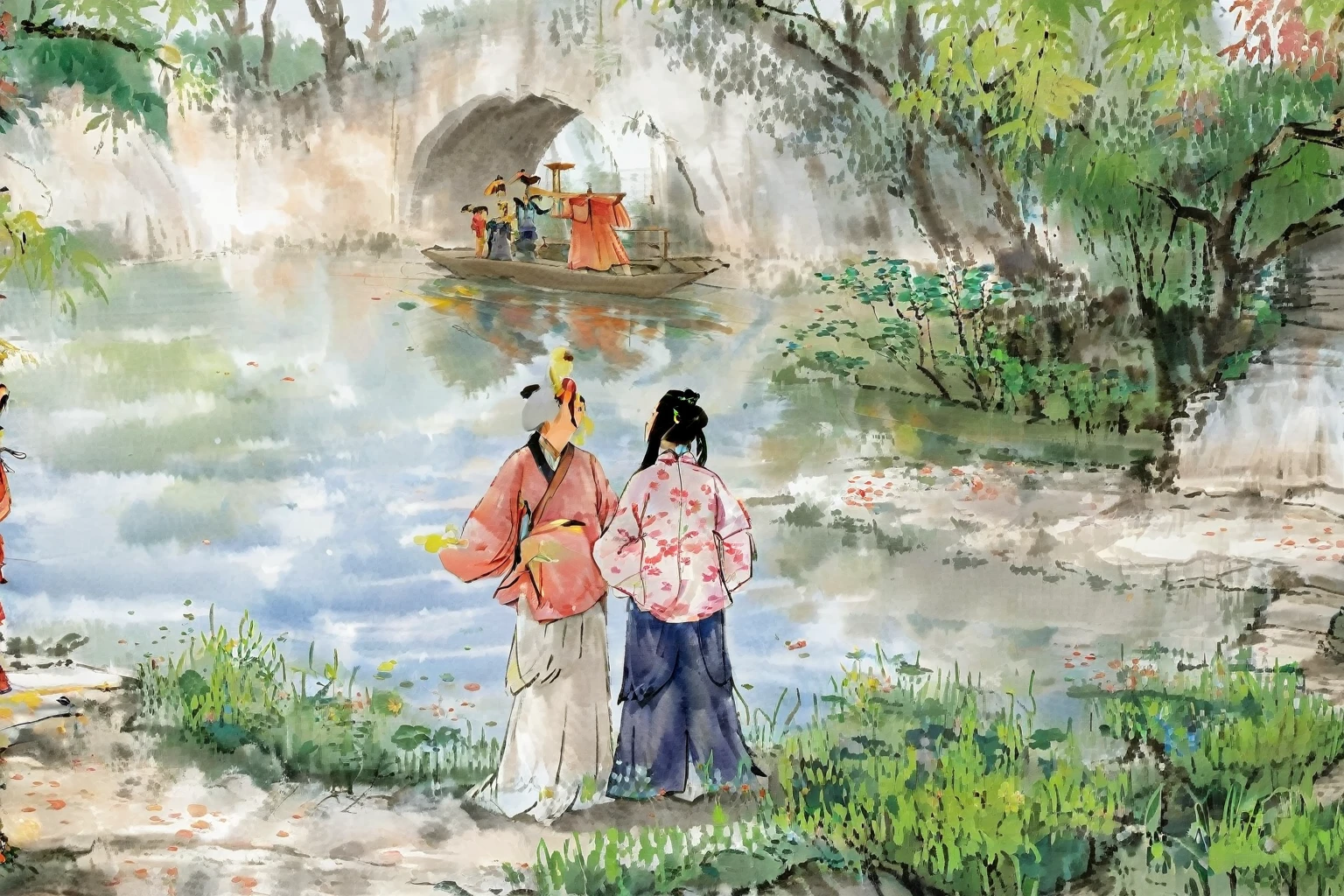 This is an ink painting,Fan Zeng style freehand ink painting,有两个人站at the waterside, at the waterside, Chinese Village, Beautiful sunny day, Wearing ancient Chinese clothes, By the River, zhouzhuang ancient town, Time travelers appear in the park,, Wearing Chinese clothing, old asian village, Chinese traditional clothing, Boat,bridge,Rice paper effect,Colorful