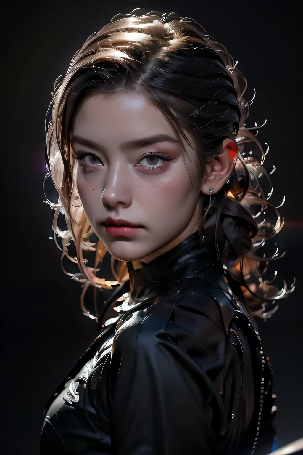 debtull face portrait photo of 25 year old European girl、born、Beautiful woman、Semi-open stbornberry lip、Dimples、A melancholic look、(Very long wavy brown hair)、((Detailed face))、((Detailed faceの特徴))、(debtine detailed skin)、Pale-skinned、(Black latex suit featuring a deep neckline)、Cyberpunk megacity environment、(Cool colors)、Moist、Moist、Reflective plate、(masterpiece)(Perfect Proportions)(Photo Real)(最high quality)(detailed)Photographed with Canon EOS R5、 50mm lens, debt / 2.8, Debtdebt, (8k) (wallpaper) (Light) (Dramatic lighting) (Sharp focus) (Complex), bornphoto, bornphoto, Gigachad Photos, Strike a pose for the camera, Black latex suit,8k UHD, Digital SLR, high quality, Grain Film, debtujifilmXT3, debtilm Stock Photo 4 Kodak Portra 400 Camera debt1.6 lenses Rich colors Ultra-realistic textures Dramatic lighting Unreal Engine Art Station Trends Cinestill 800 Tungsten, toughboy style、Ultra debtocus debtace、Intimidating、Battle positions、Short, unkempt hair、muscle、Rupture of a vein、beads, masterpiece, 最high quality, high quality, High resolution, ((In the cave)), Upper body portrait