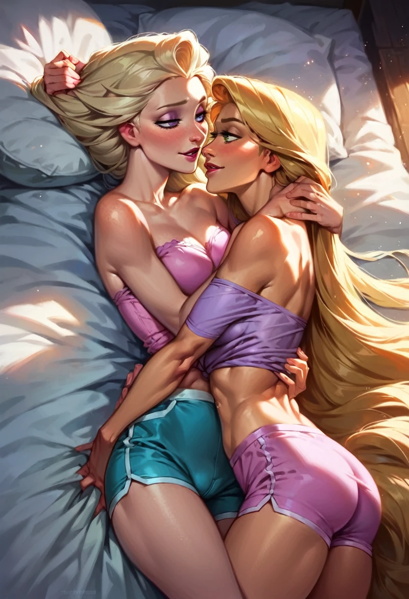 score_9, score_8_up, score_7_up, score_6_up, score_5_up, (high quality, detailed, beautiful), detailed soft lighting, rating_explicit, 2girls, Rapunzel cuddling in bed with Elsa, yuri, groping, passionate, beautiful eyes, open eyes, wearing cute tight pajama shorts and top.