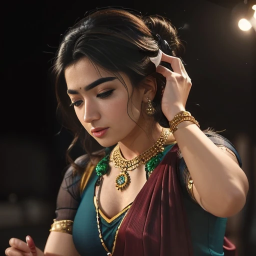 (highres,realistic),23-year-old,masterclass dancer,Indian,(beautiful:dancer,georgeous:dancer),(long black hair,expressive,detailed eyes),(graceful,dynamic poses),(traditional costume:1.1),(detailed jewelry),(vibrant colors),(studio lighting),(dance performance),(colorful background),(professional),(sharp focus),(high level of detail),(3D rendering),(artistic),(physically-based rendering),(emotionally engaging)
