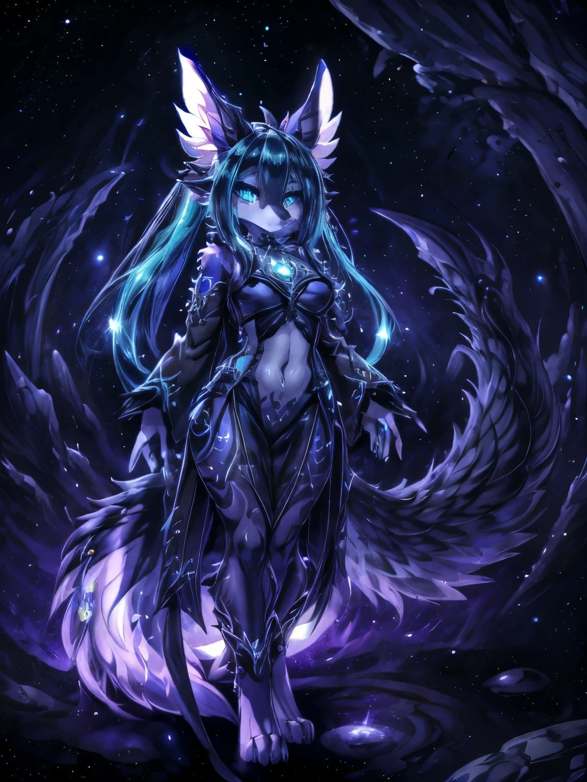 Miku Hatsune, agua&blanco, alta definicion, orejas de kitsune, tatuaje dorado, tatuaje tribal, vista cuerpo completo, patas hermosas,mirada intimidante, Ojos azules profundos, aura magica, kitsune espacial, mystical aura, mystical aura, cola larga y esponjosa, ojos potenciados, aura espacial, chica divina, dios kitsune, divinidad espacial, multiple colorful space, galactic landscape, dark aura magica, magia galaxia, pisadas cosmicas, parad hernosas