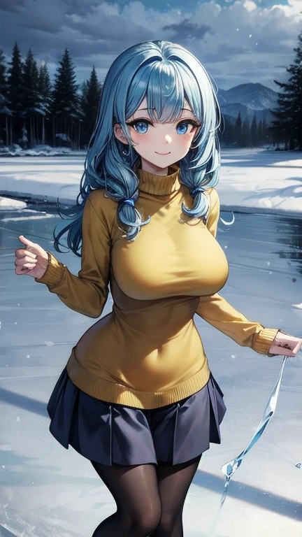 (masterpiece), best quality, emotionless eyes, perfect face, 1girl, solo, nude, huge breasts, sad, blunt bangs, hourglass figure, milf, mother, long hair, wavy hair, (light blue hair BREAK light blue eyes BREAK) lipstick, snow forest, ice, icy floor, cloudy sky, ice skates, standing, yellow sweater BREAK black pantyhose BREAK blue skirt BREAK closed mouth, smile, dancing on ice,