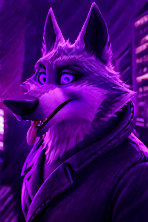 Vortex hellhound, wolf, furry, helluva boss, wearing a (leather jacket), solo, wolf, white fur, open mouth, tongue out, hypnotized with completely spyral glowing purple eyes with no irises or pupils, BREAK, city background, (intricate, high detail, soft focus, RAW candid cinema, photorealism, realistic, photorealistic, analog style, subsurface scattering, masterpiece, best quality, ultra realistic, 8k), profile picture, full body image