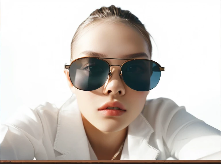 18-year-old beautiful professional female model,The glasses do not change,Commercial grade、Sunglasses professional poster,Leica professional camera,Professional studio shooting,Aperture 5.0