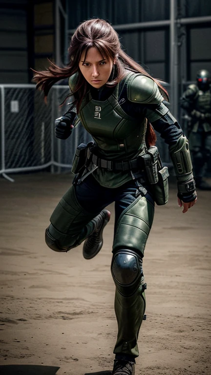 (KTight combat suite, combinaison de combat moulante)), une femme 35ans en combinaison de combat moulante, serious and committed, very detailed intense look, very long hair, highly detailed combat suit, knee and elbow biomechanism, 4 boucliers de protection en lévitation 