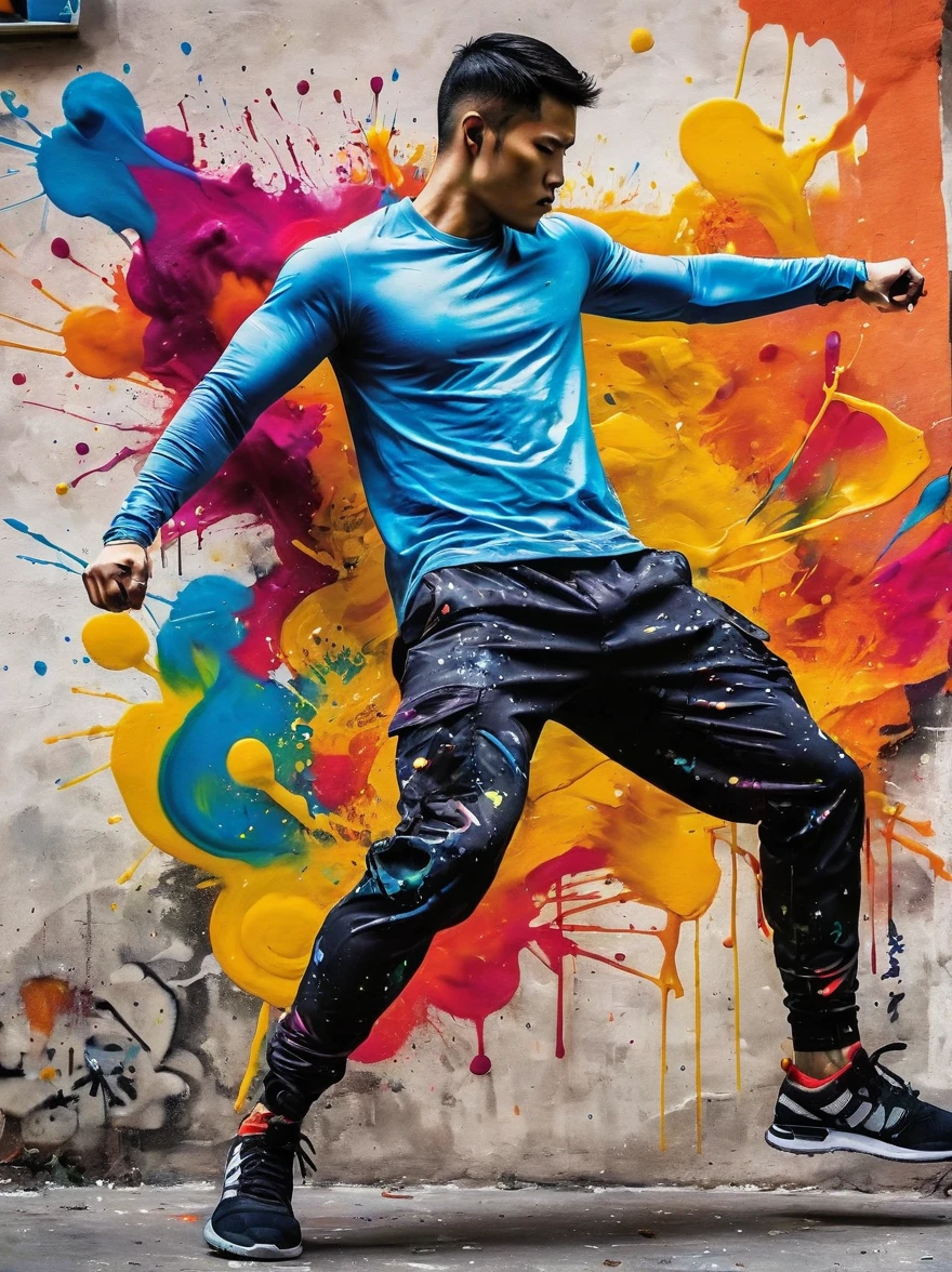 masterpiece, best quality, Color ink painting, 男性contour,Armed combatants,Combat tights,dynamic姿势,contour,Graffiti splashes,Bold Colors,dynamic,Colorful,Abstract Painting,Look closely,Like a person,artwork,mystery,design,colorful inkpainting
